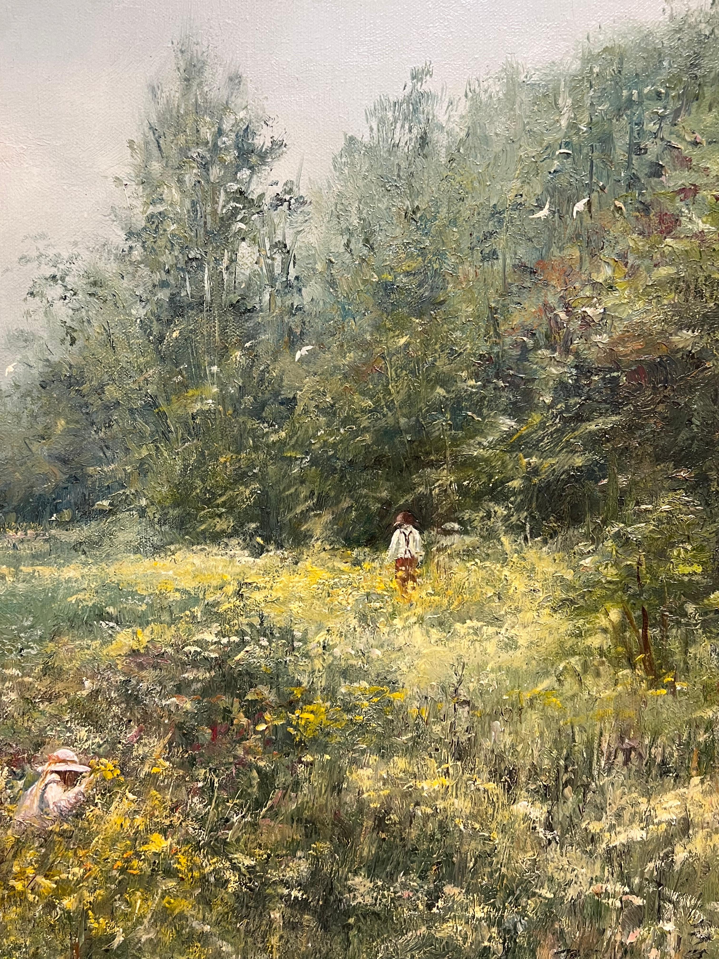 Large Traditional English Countryside Oil Painting Picking Flowers Wild Meadows For Sale 4