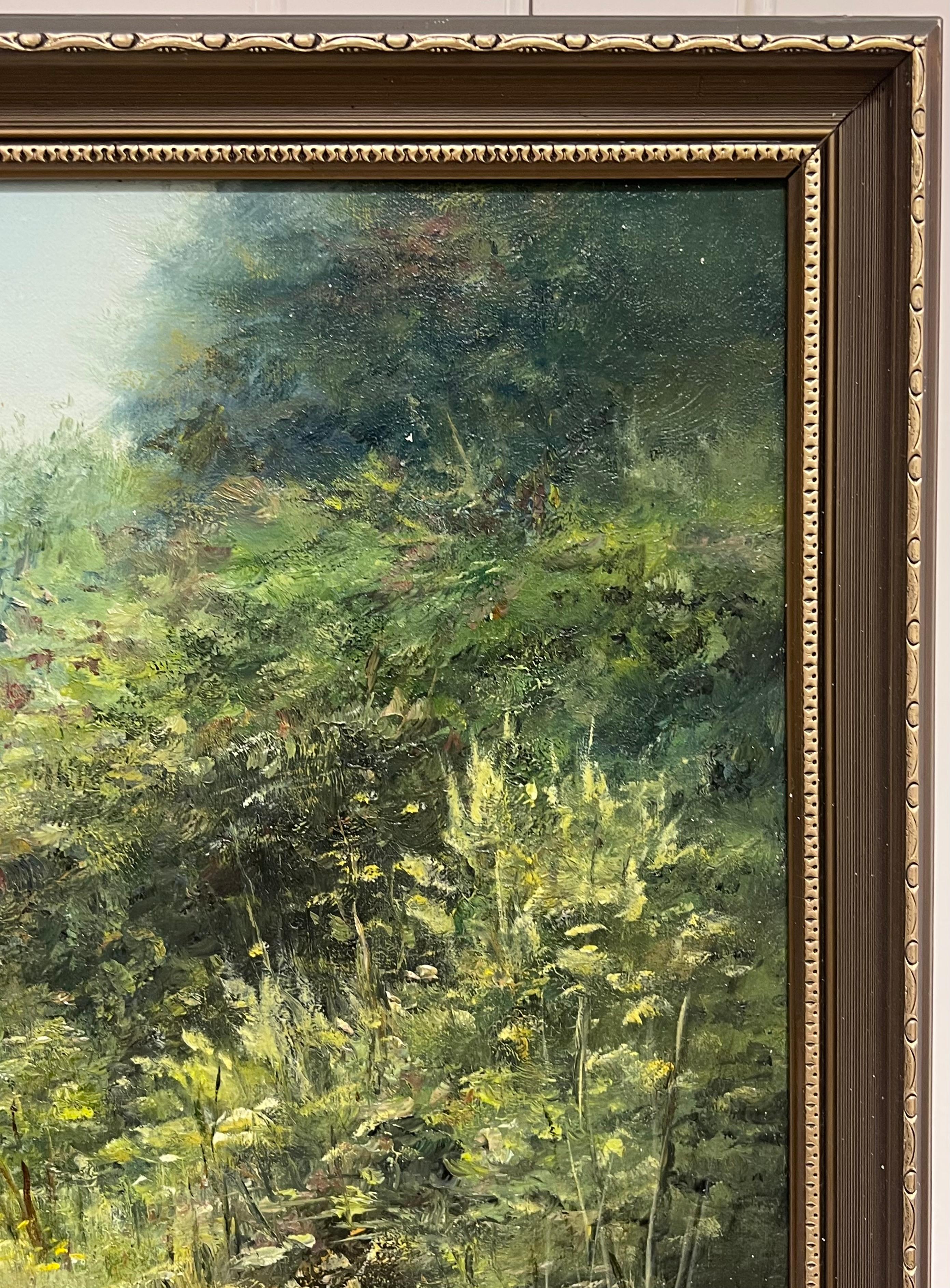 Large Traditional English Countryside Oil Painting Picking Flowers Wild Meadows For Sale 5
