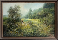Large Traditional English Countryside Oil Painting Picking Flowers Wild Meadows