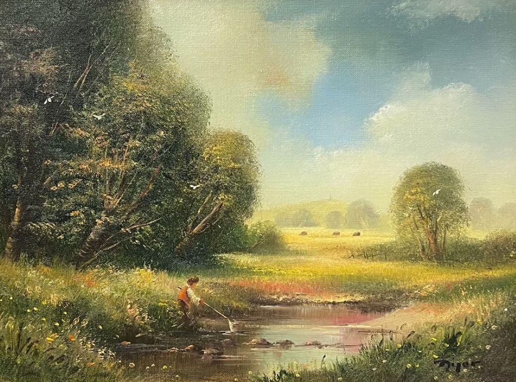 Olio inglese firmato Prati e ruscelli estivi con ragazzo che pesca con la rete - Painting di Ted Dyer