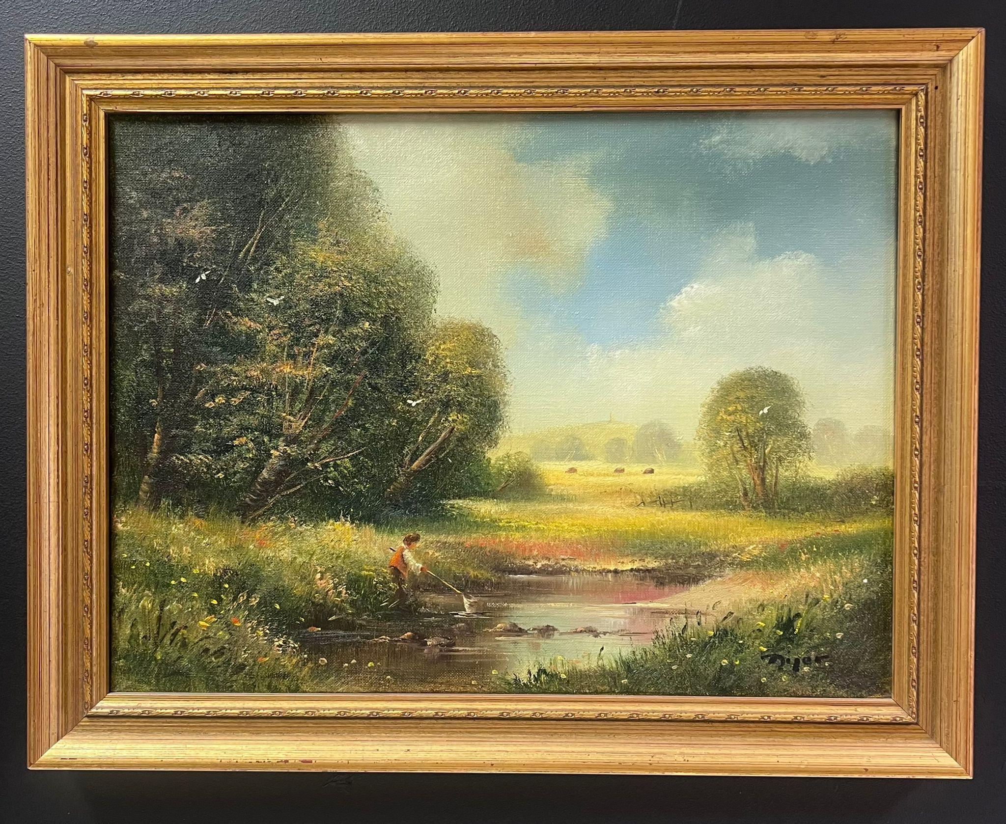 Olio inglese firmato Prati e ruscelli estivi con ragazzo che pesca con la rete - Painting Vittoriano di Ted Dyer