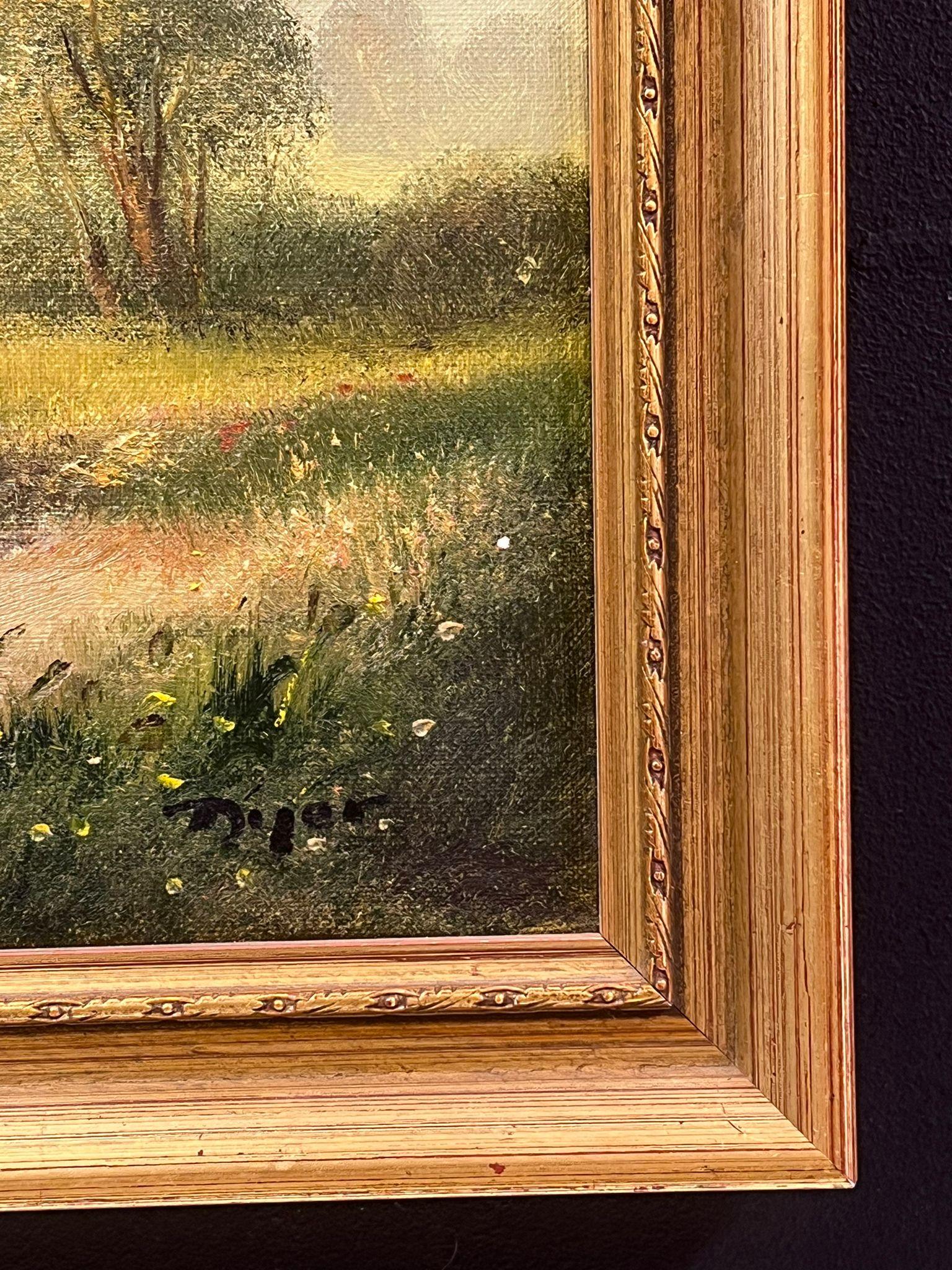 Olio inglese firmato Prati e ruscelli estivi con ragazzo che pesca con la rete - Landscape Painting Marrone di Ted Dyer