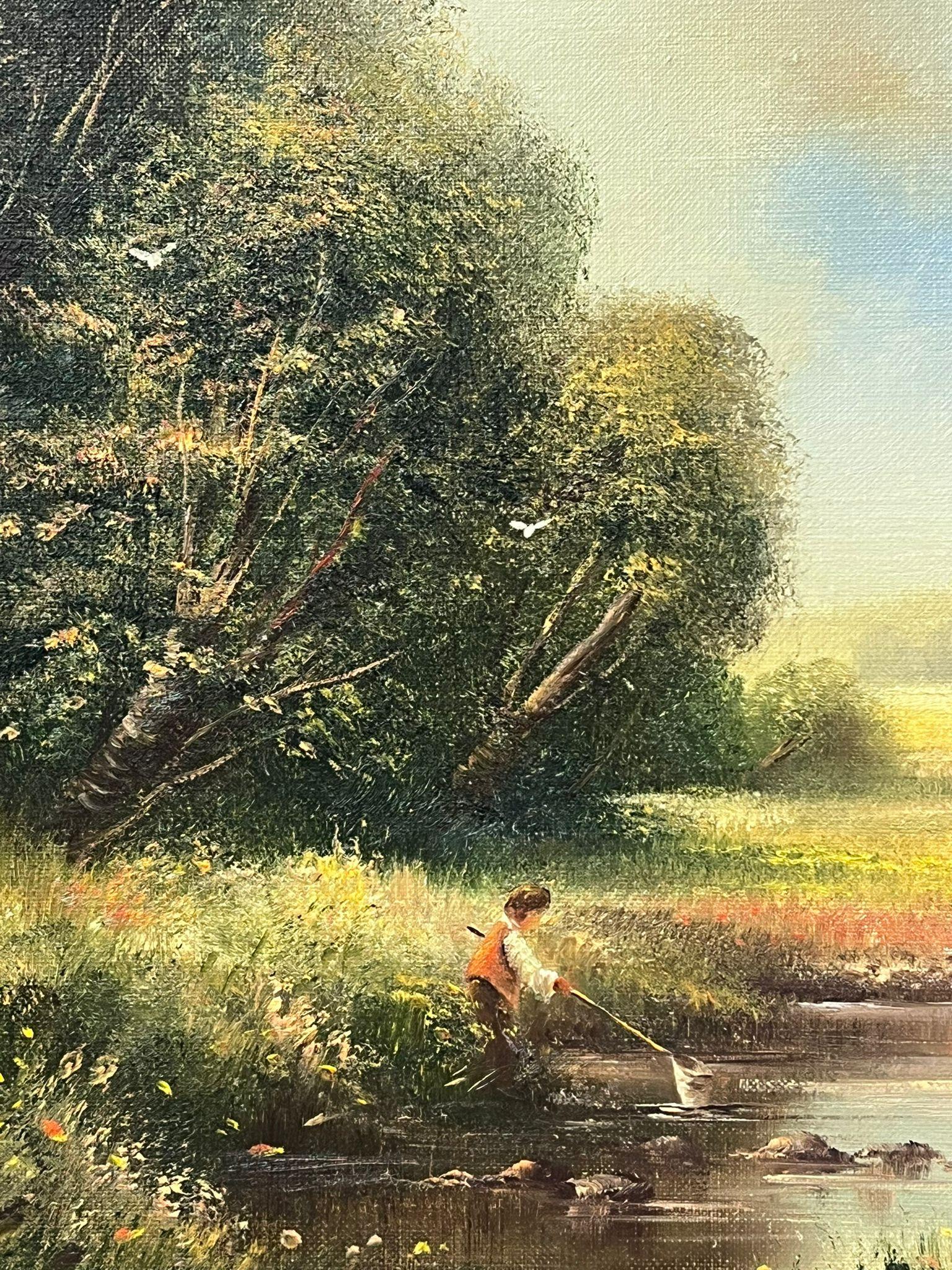 Olio inglese firmato Prati e ruscelli estivi con ragazzo che pesca con la rete in vendita 1