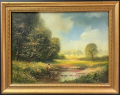 Signed English Oil Summer Meadows & Stream with Boy Fishing with Net