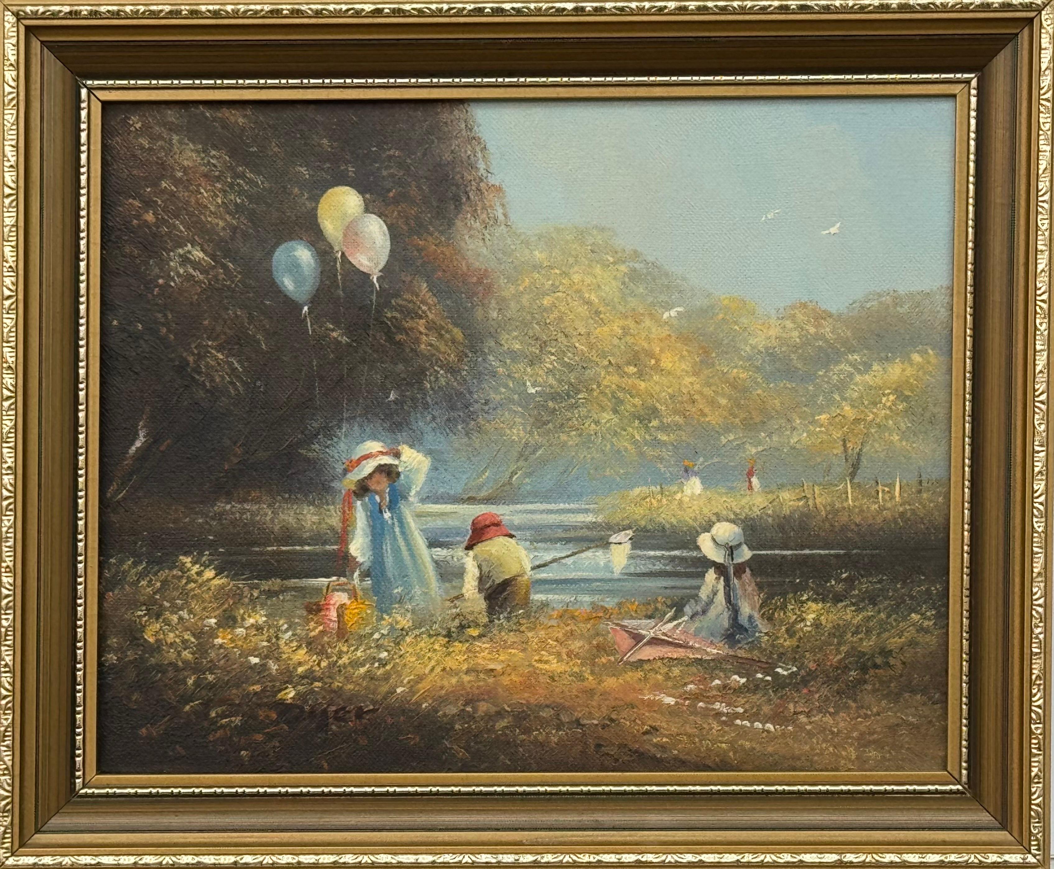 Ted Dyer Landscape Painting - Oil Painting of Children Playing on Summers Day in the English Countryside