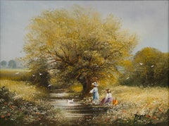 Ted Dyer - Framed 20th Century Oil, Feeding the Ducks