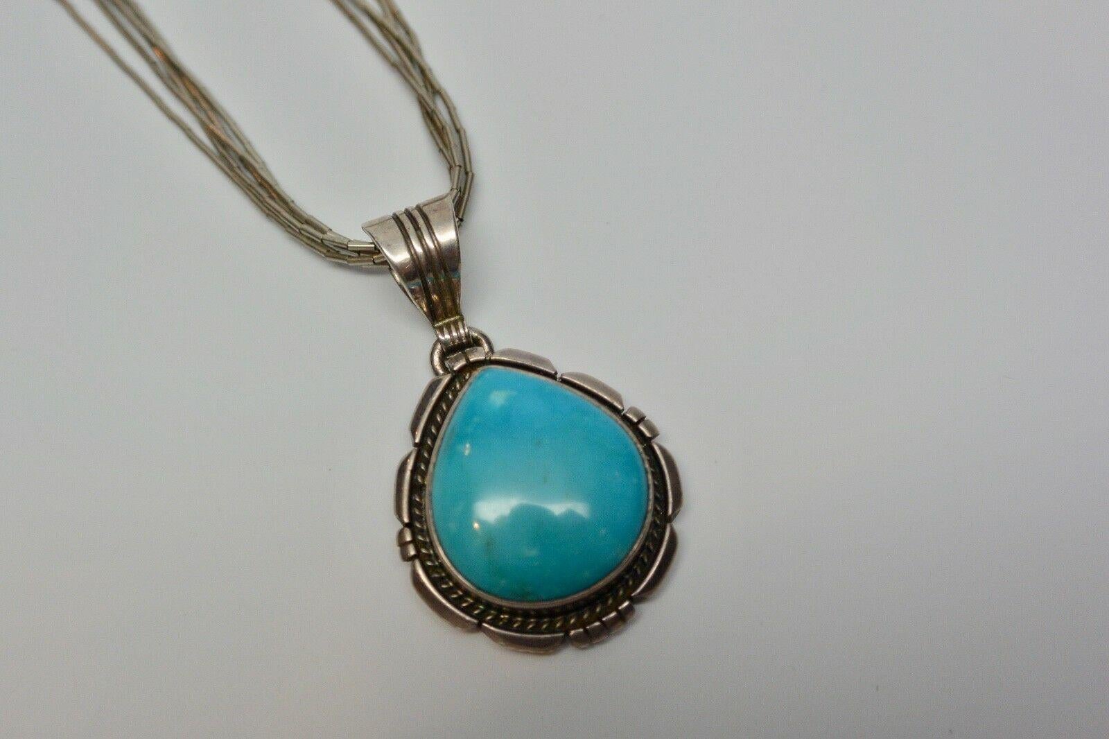 Ted Etsitty Navajo Turquoise Pendant On Liquid Silver Multi-Strand Necklace In Good Condition In Washington Depot, CT
