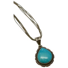 Vintage Ted Etsitty Navajo Turquoise Pendant On Liquid Silver Multi-Strand Necklace