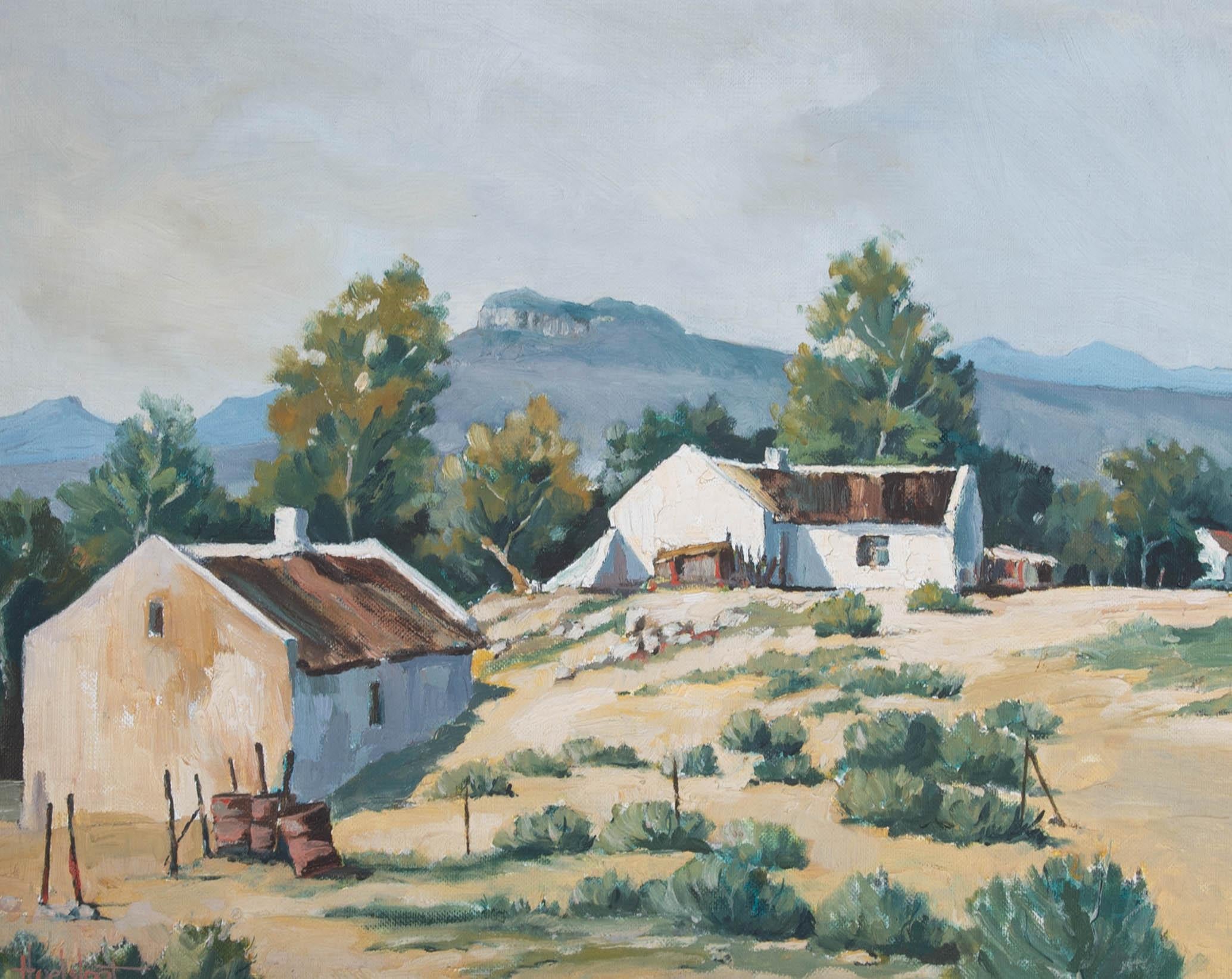 An attractive oil painting, depicting a rural landscape scene with two white farm houses and mountains in the background. Signed partially illegibly to the lower left-hand corner and to the reverse. Presented in a white and gilt-effect slip, and in