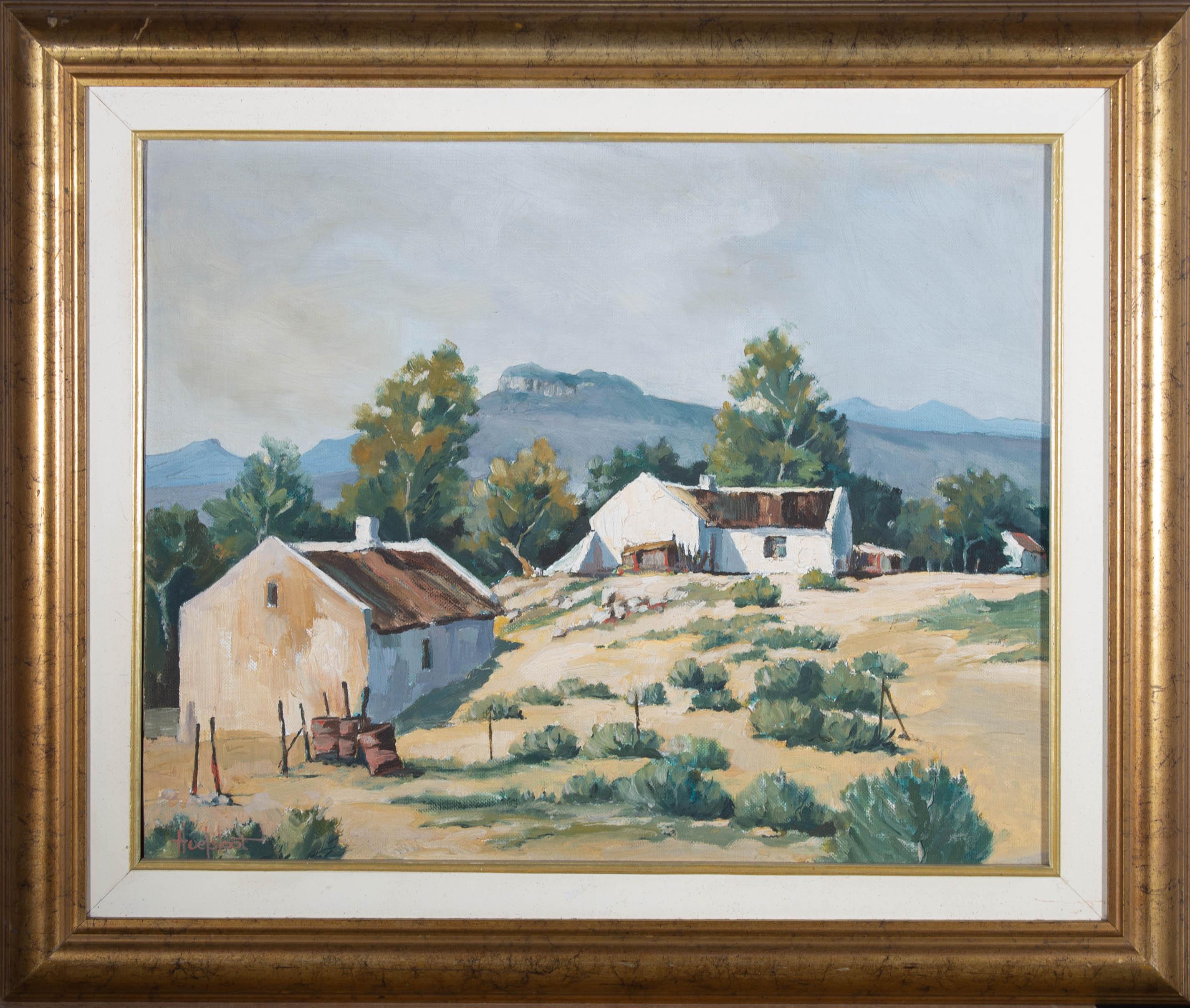 Un'affascinante pittura a olio, che raffigura una scena di paesaggio rurale con due case coloniche bianche e montagne sullo sfondo. Firmato in modo parzialmente illeggibile nell'angolo inferiore sinistro e al verso. Presentato in una sottoveste