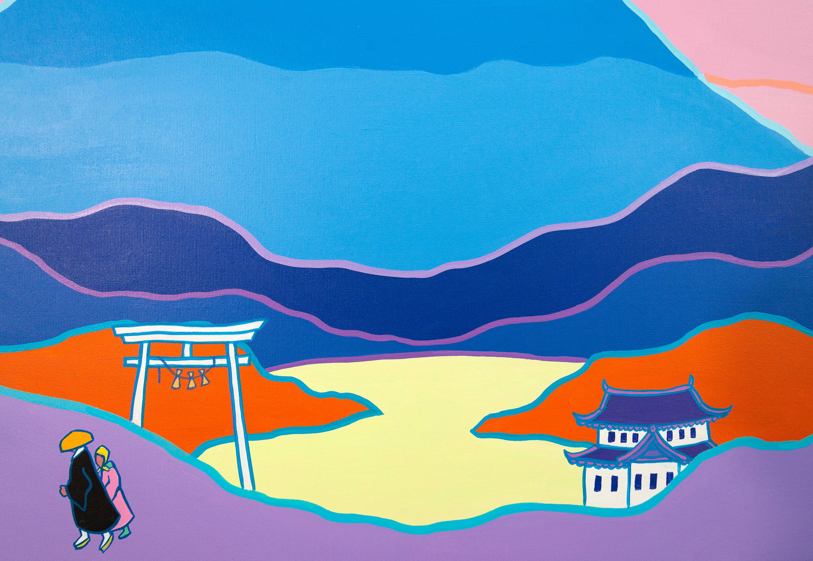 Japan - colourful, graphic, modern, minimalist, landscape, acrylic on canvas - Contemporary Painting by Ted Harrison