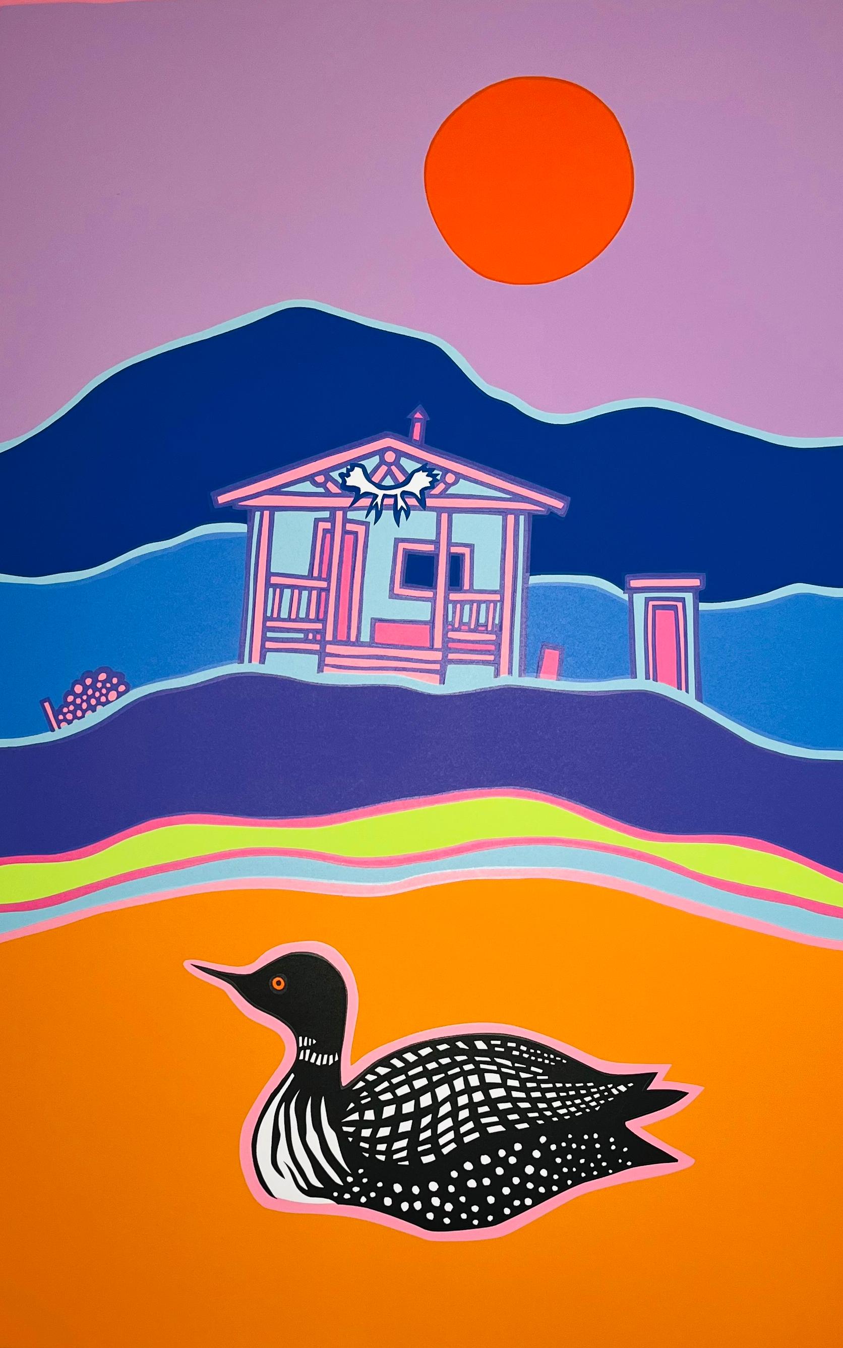 Ted Harrison Figurative Print - Crag Lake