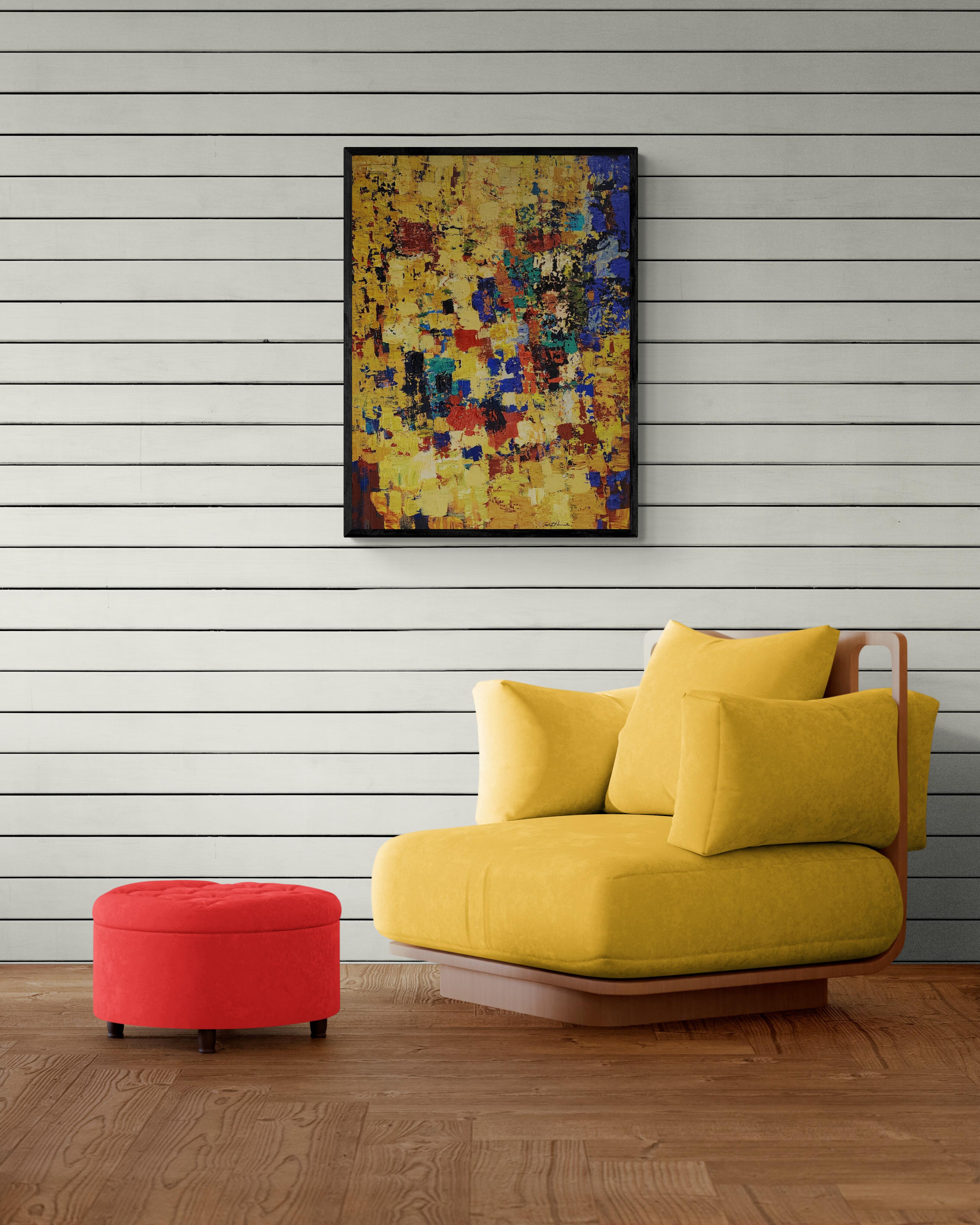 Calipso (Impasto, Gold, Gold Leaf, Yellow, Blue, Teal, Red, Orange) - Painting by Ted Hinrichs