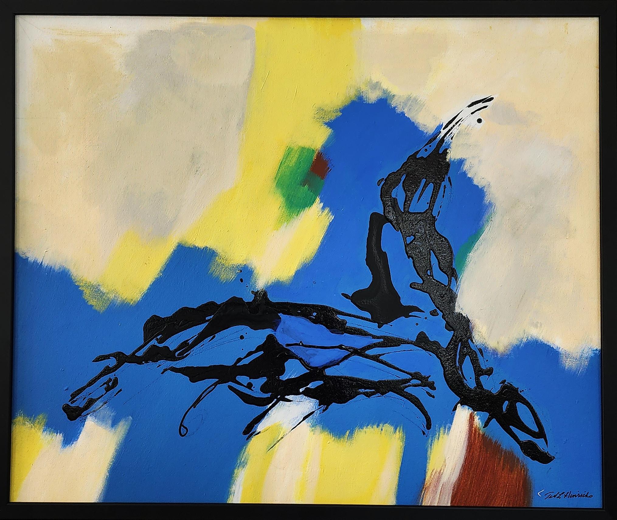 Abstract Painting Ted Hinrichs - Casual (Abstraction gestuelle, Bleu, Noir, Jaune, Vert, Rouge, Minimal)