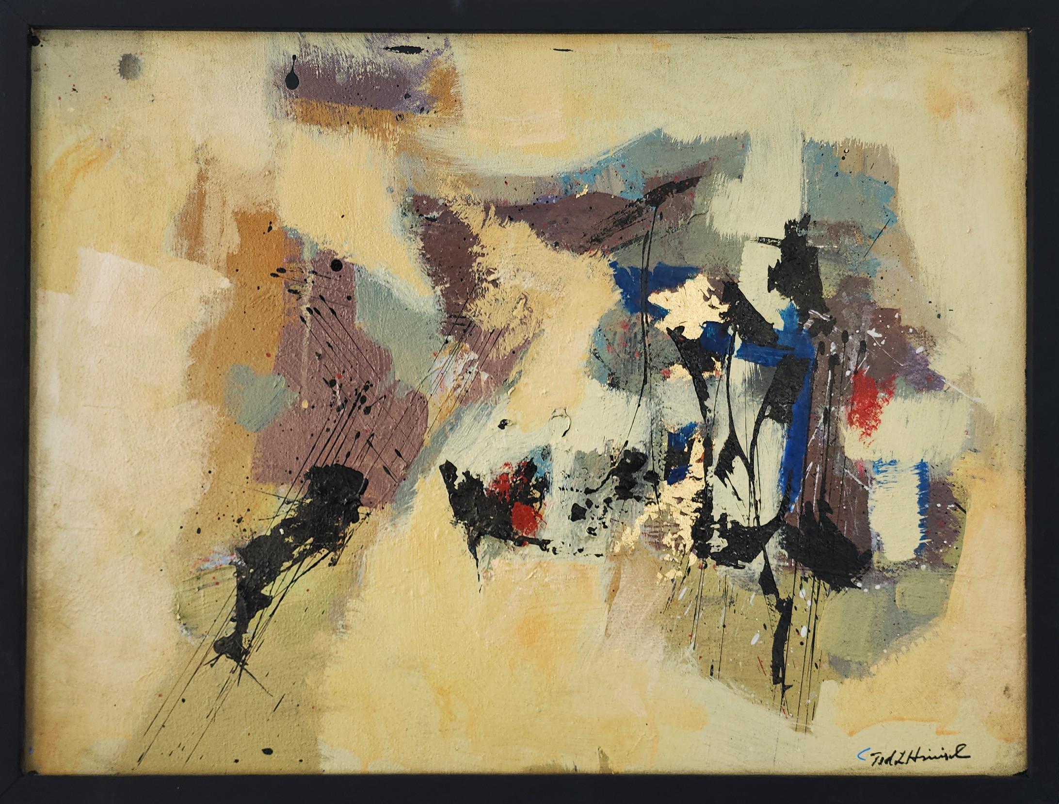 Ted Hinrichs Abstract Painting - Celestial II (Gestural Abstraction, Beige, Brown, Earth Tone, Red, Blue, Black)