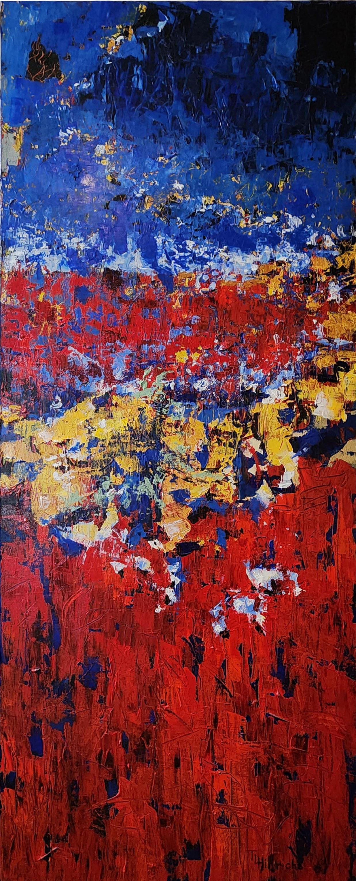 Ted Hinrichs Abstract Painting - Desert Evening (Abstract, Acrylic, Gestural Abstraction, Red, Blue, Brown)
