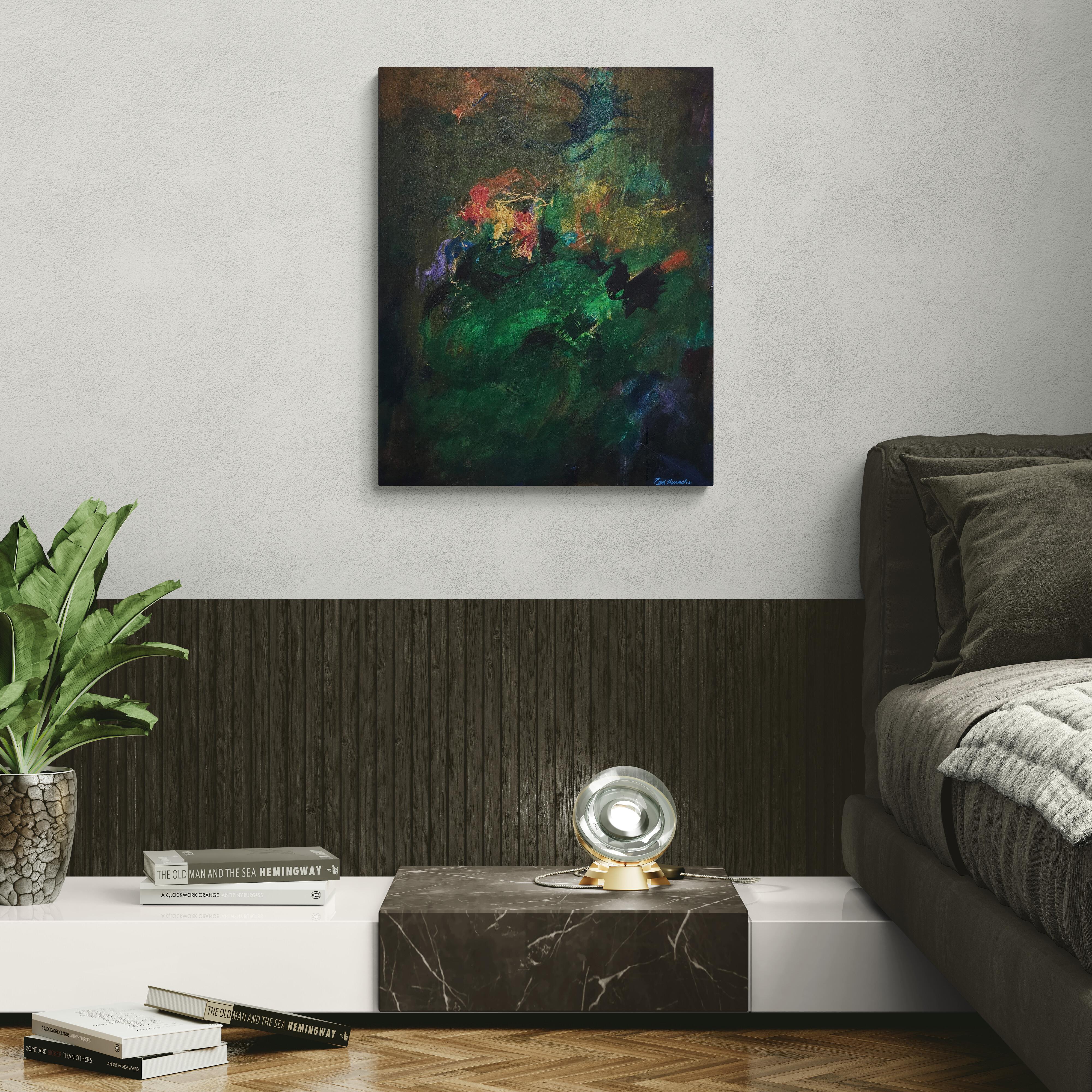 Descubriendo el verde (Abstracción gestual, Verde, Azul, Oro, Selva, ~42% DESCUENTO) - Painting Abstracto de Ted Hinrichs