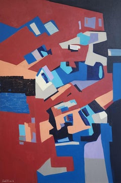 Elijah und die Ravenen (Cubist, Rot, Blau, Schwarz, Orange, Lila, Abstrakt)