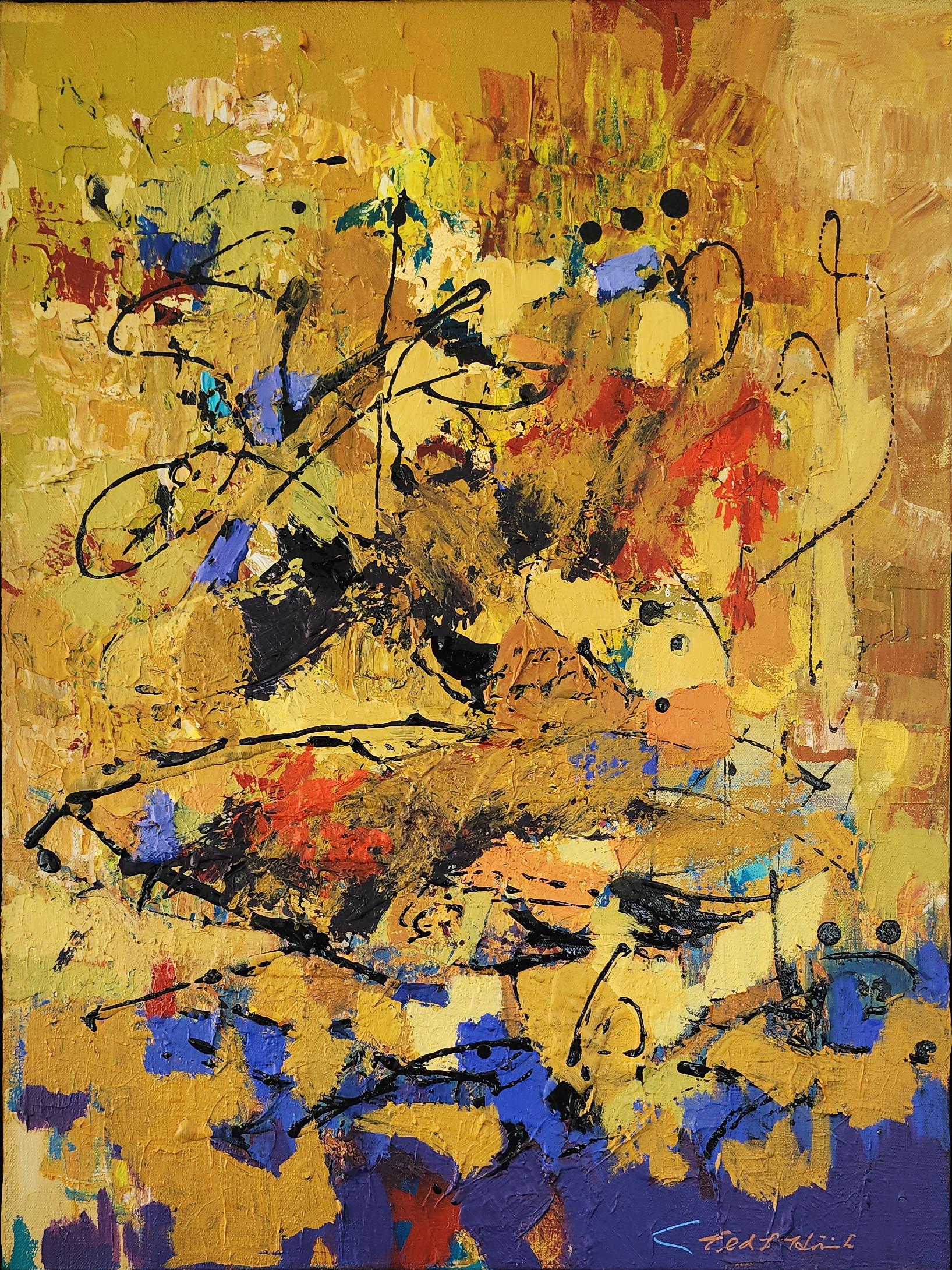 Energia II (Splatter, Beige, Marrone, Foglia d'oro, Blu, Rosso, Nero, Astrazione)) in vendita 1