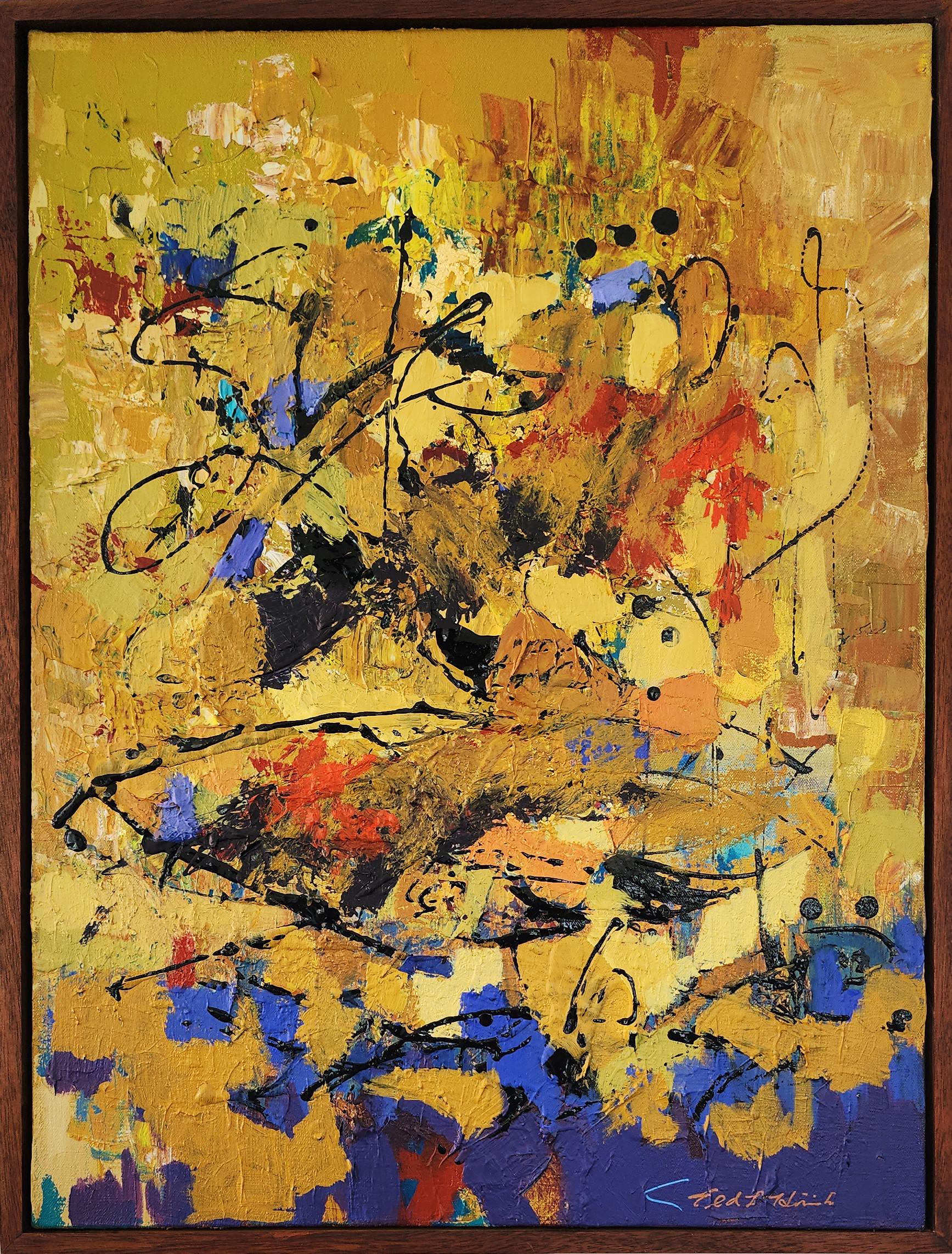 Abstract Painting di Ted Hinrichs - Energia II (Splatter, Beige, Marrone, Foglia d'oro, Blu, Rosso, Nero, Astrazione))