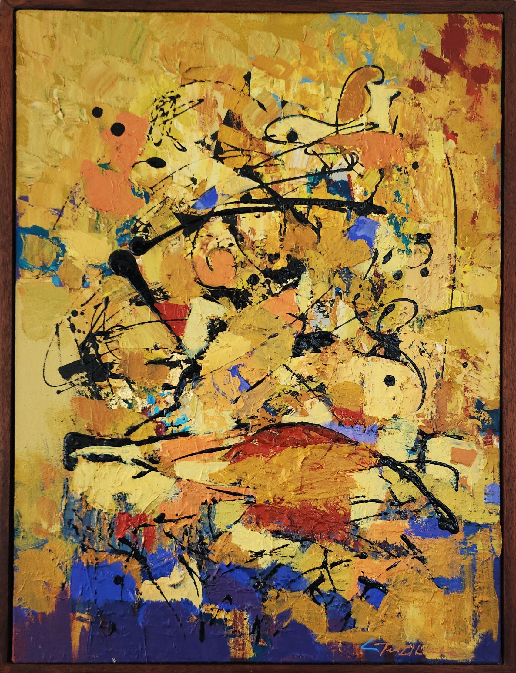 Ted Hinrichs Abstract Painting - Energy (Splatter, Beige, Brown, Gold Leaf, Blue, Red, Black, Abstraction))