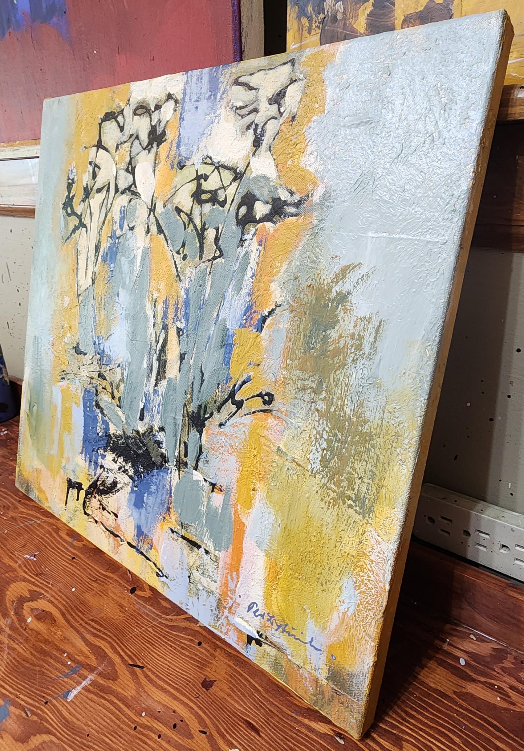 Fiori (Astratto, Acrilico, Astrazione gestuale, Blu, Azzurro, Marrone) in vendita 1