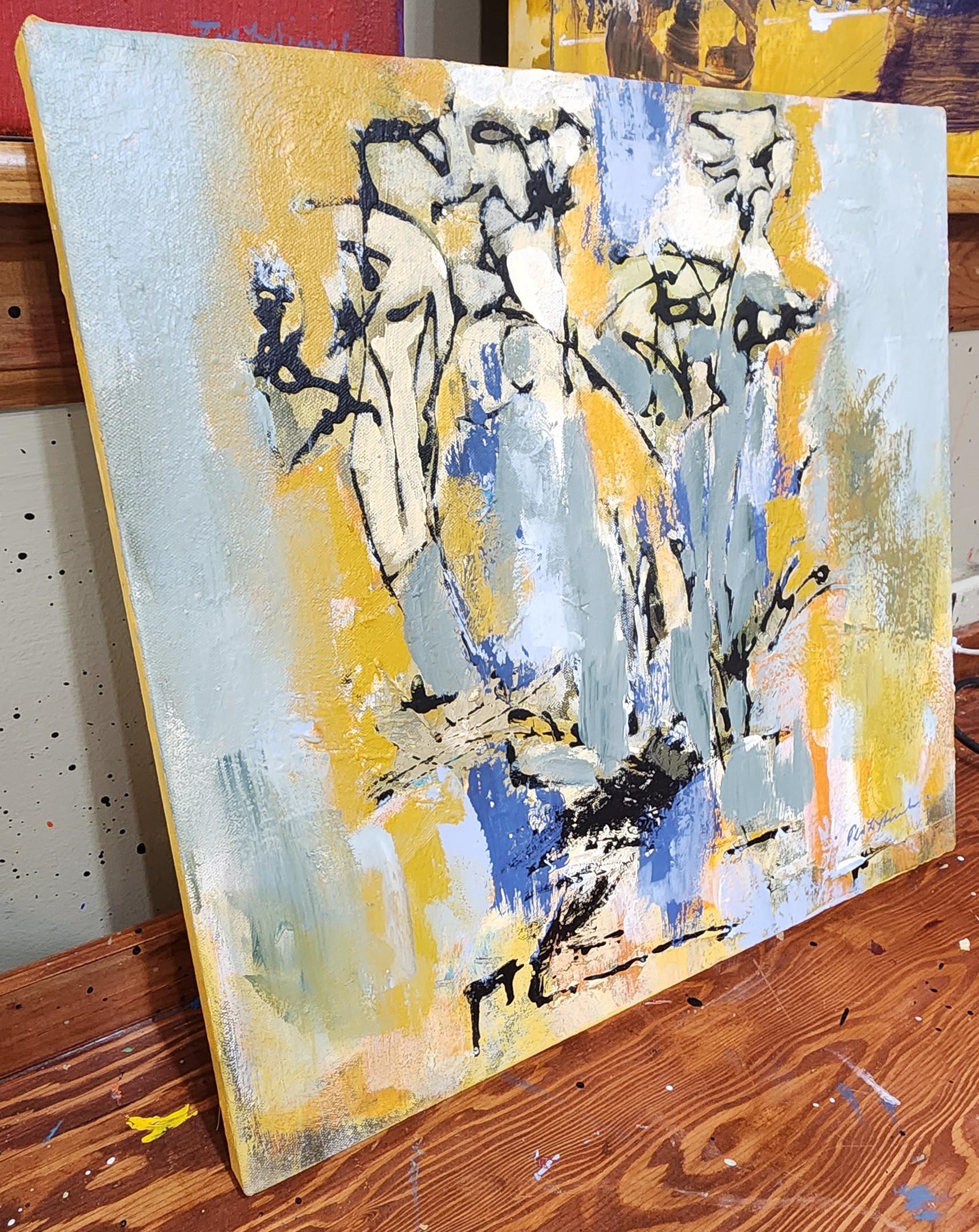 Flowers (Abstract, Acrylic, Gestural Abstraction, Blue, Light Blue, Brown) For Sale 2