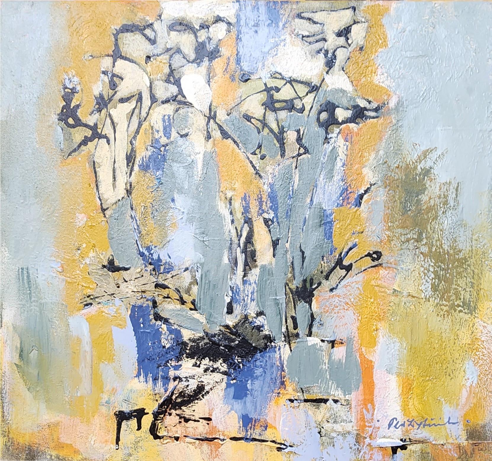 Flowers (Abstract, Acrylic, Gestural Abstraction, Blue, Light Blue, Brown) - Painting by Ted Hinrichs