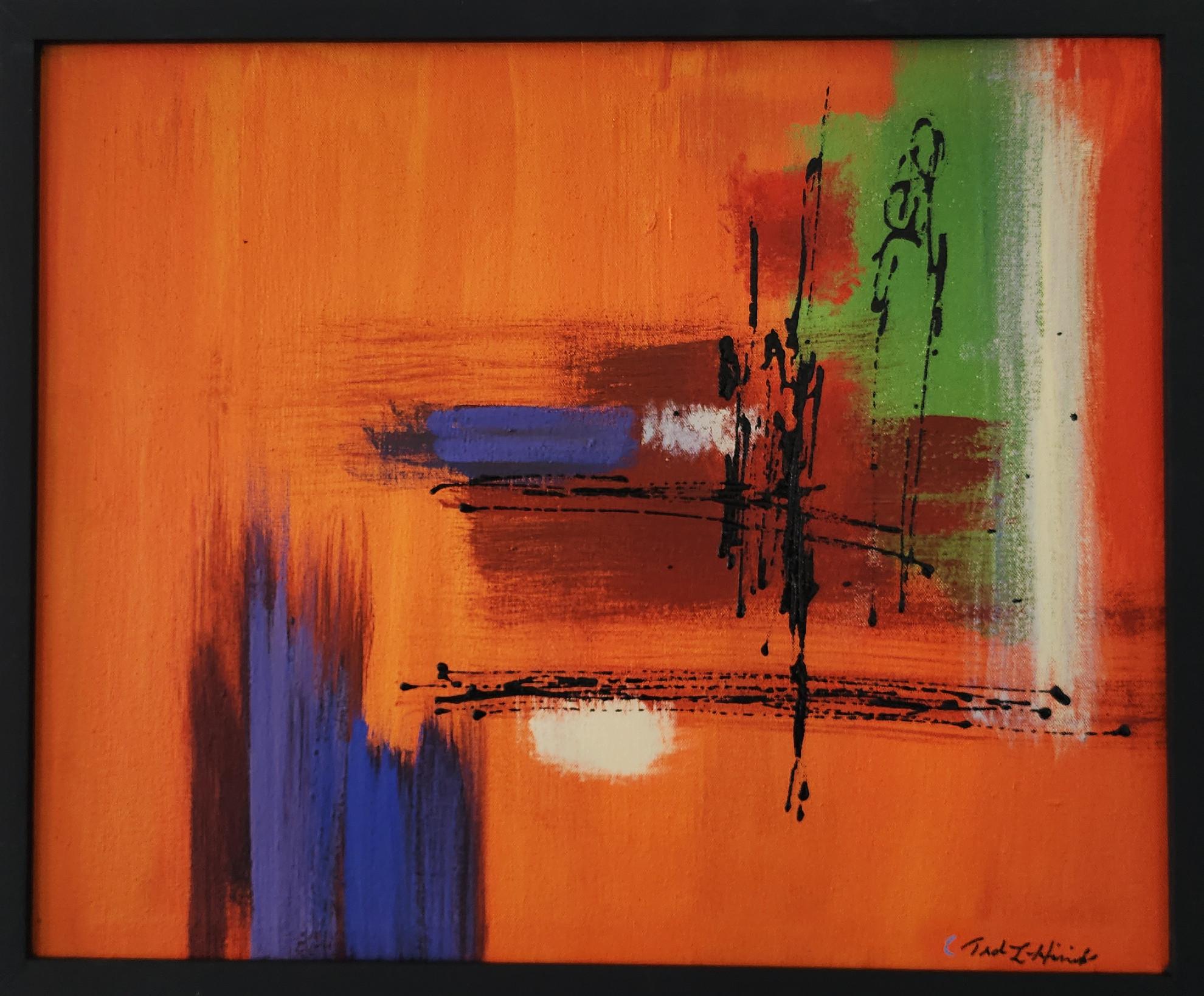 Ted Hinrichs Abstract Painting - Influence of Autumn (Gestural Abstraction, Orange, Red, Blue, Green, Black)