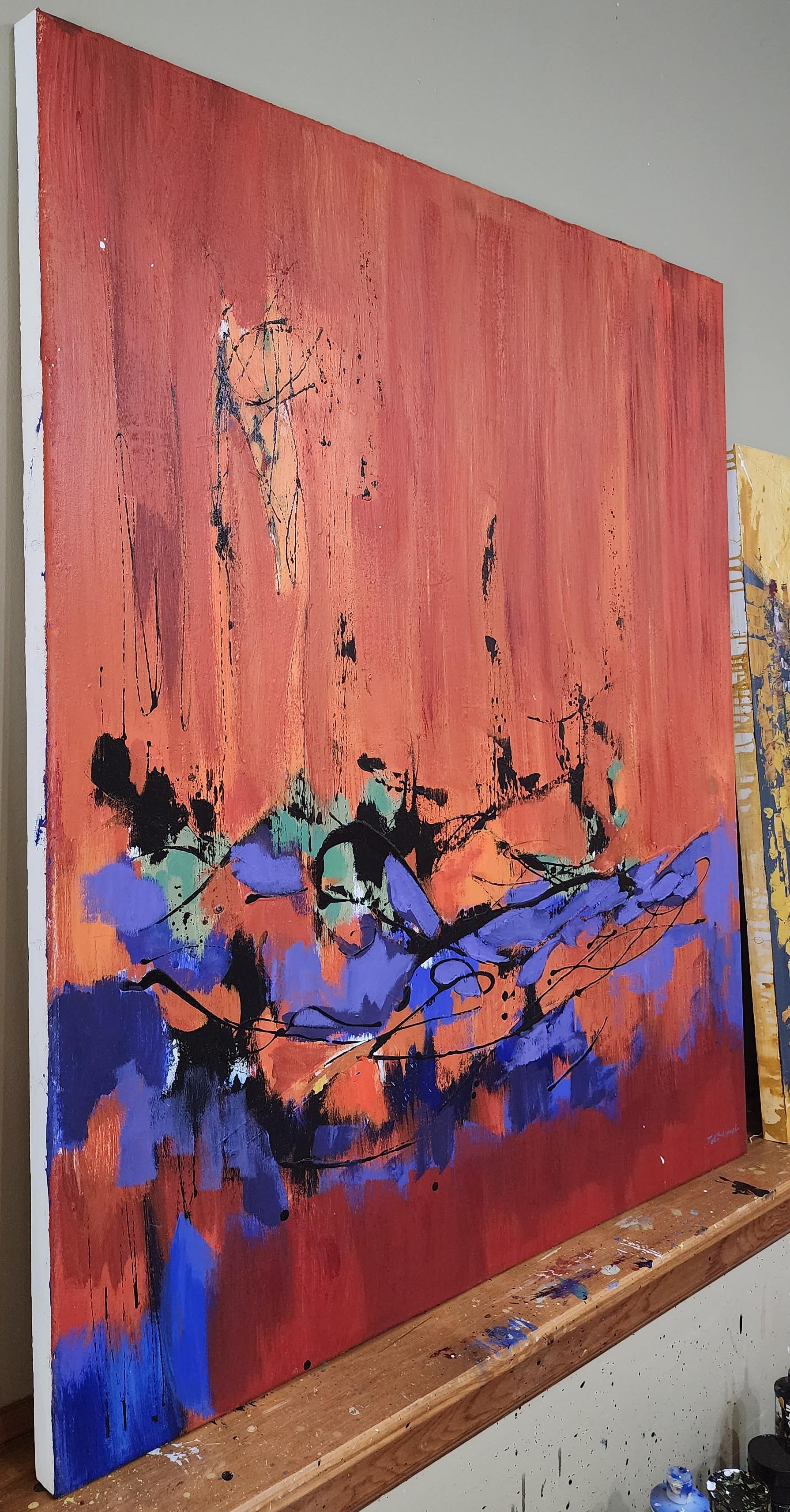 L'esprit et le The (Abstraction gestuelle, Cubiste, Brown. rouge, bleu, beige) en vente 1