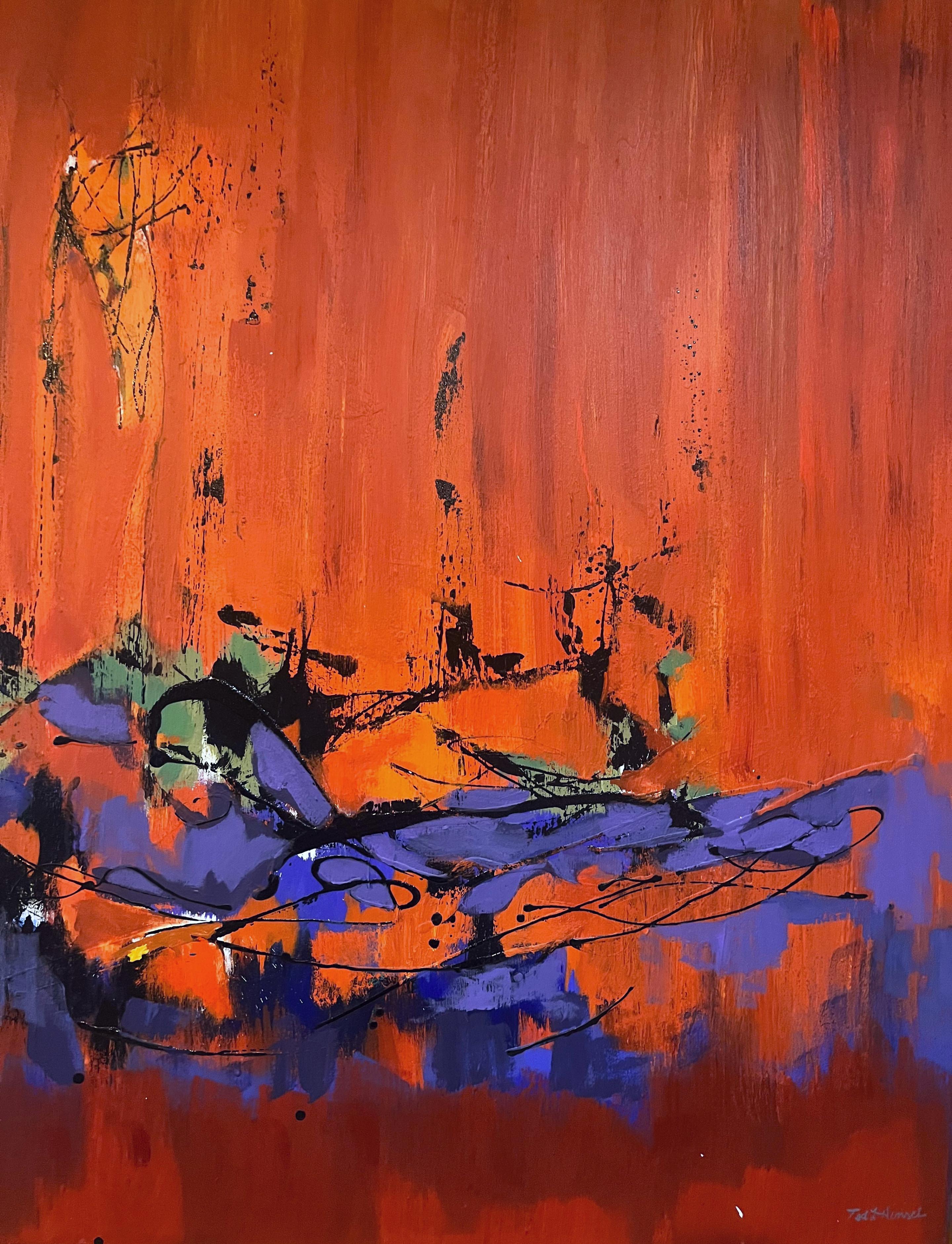 Abstract Painting Ted Hinrichs - L'esprit et le The (Abstraction gestuelle, Cubiste, Brown. rouge, bleu, beige)