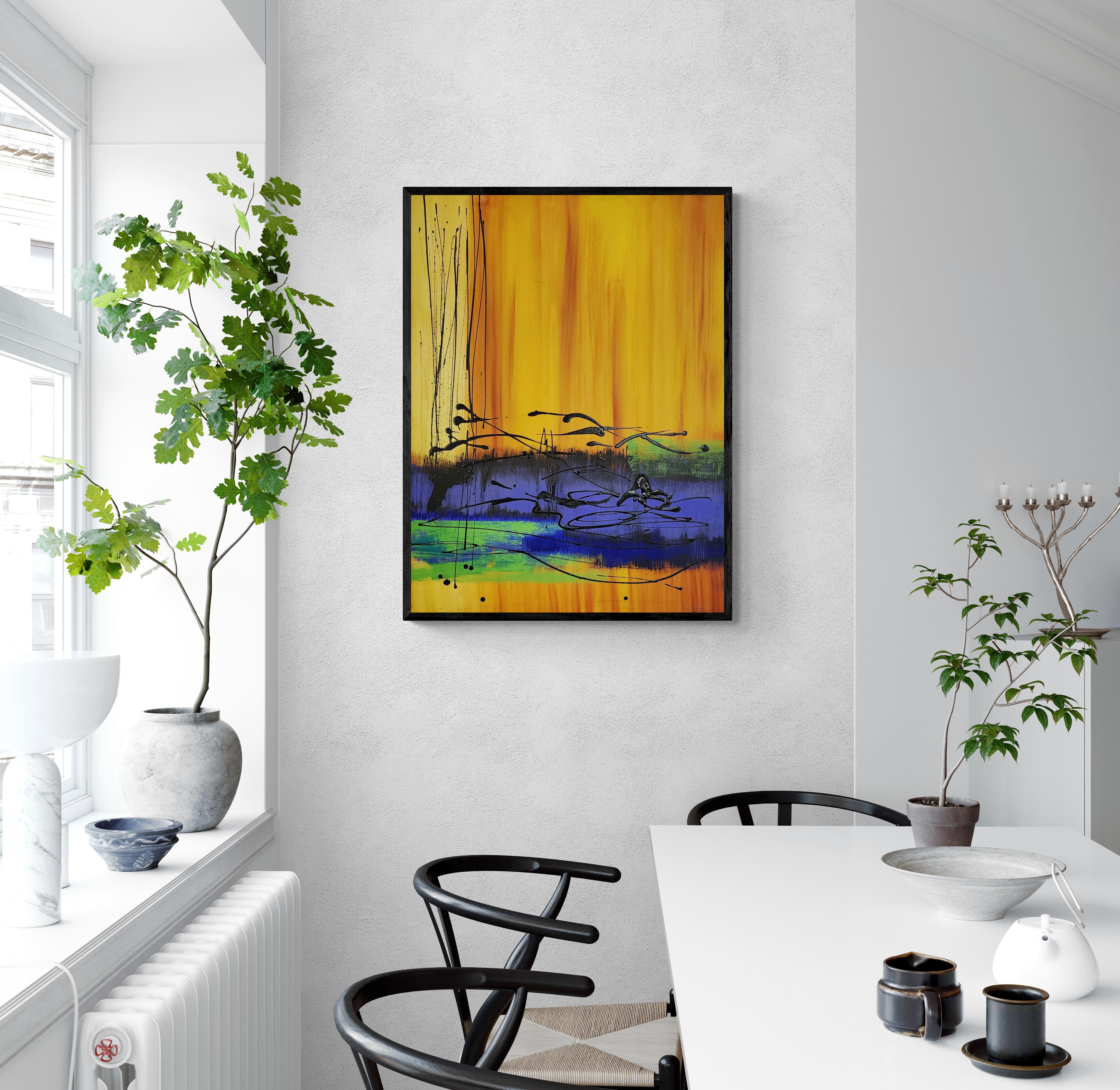 Spirit of Nature (Abstraction, Drips, Orange, Yellow, Blue, Green, Black) - Contemporary Painting by Ted Hinrichs