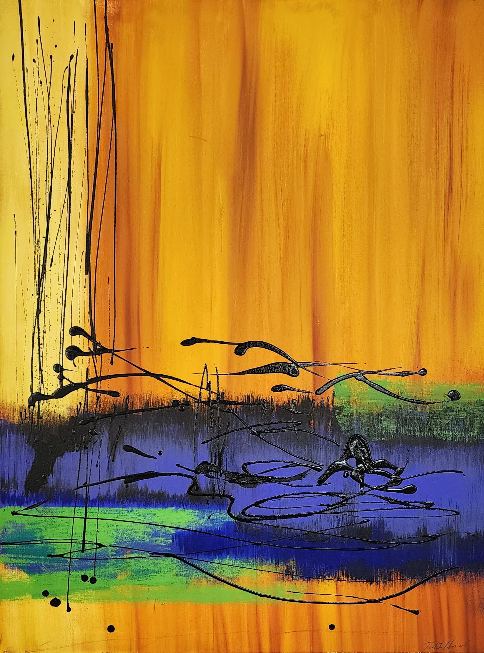 Spirit of Nature (Abstraction, Drips, Orange, Yellow, Blue, Green, Black) For Sale 2