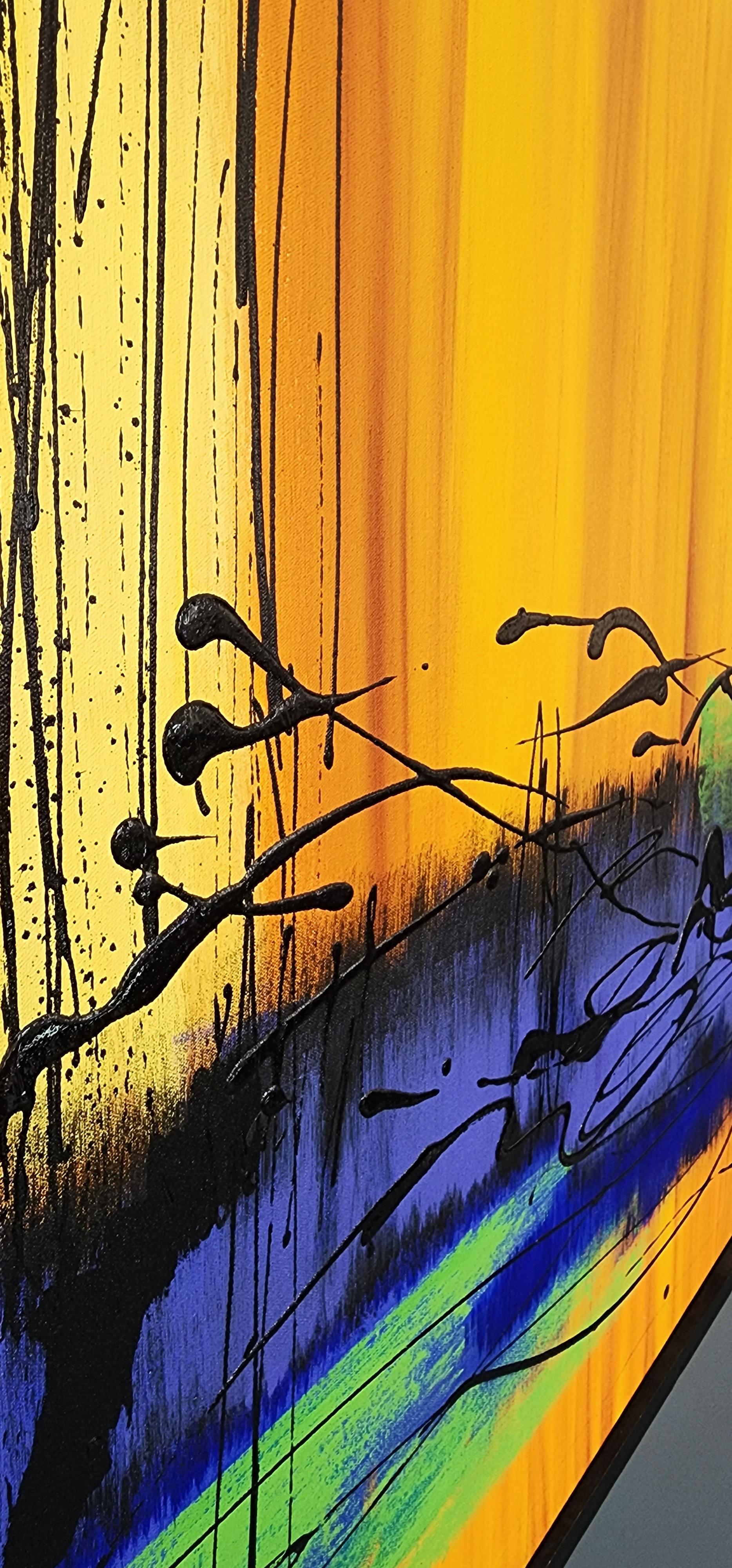Spirit of Nature (Abstraction, Drips, Orange, Yellow, Blue, Green, Black) For Sale 4