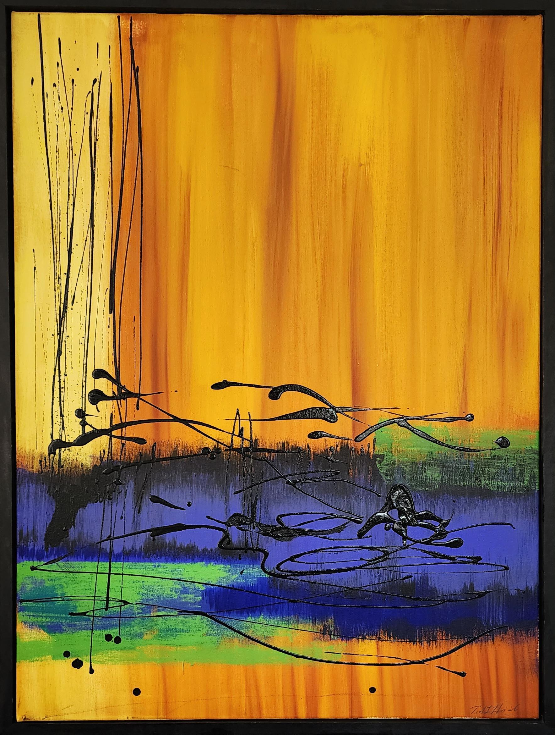 Spirit of Nature (Abstraction, Drips, Orange, Yellow, Blue, Green, Black) - Painting by Ted Hinrichs