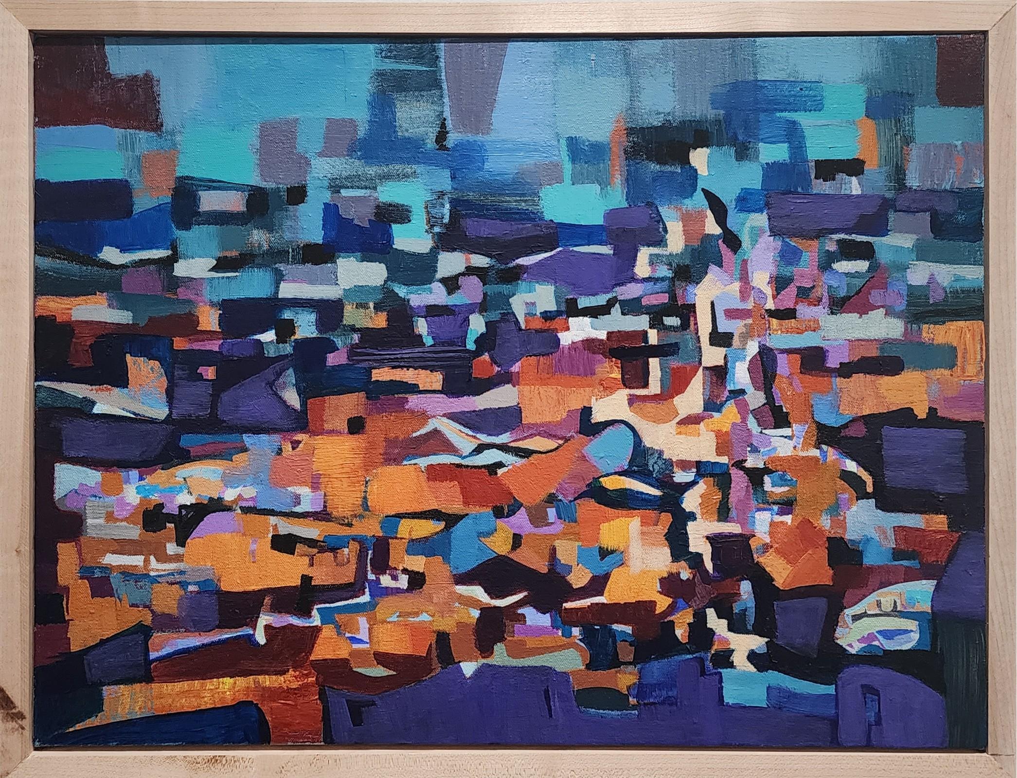 Village Night (Abstract, Acrylic, Gestural Abstraction, Blue, Light Blue, Teal) For Sale 1