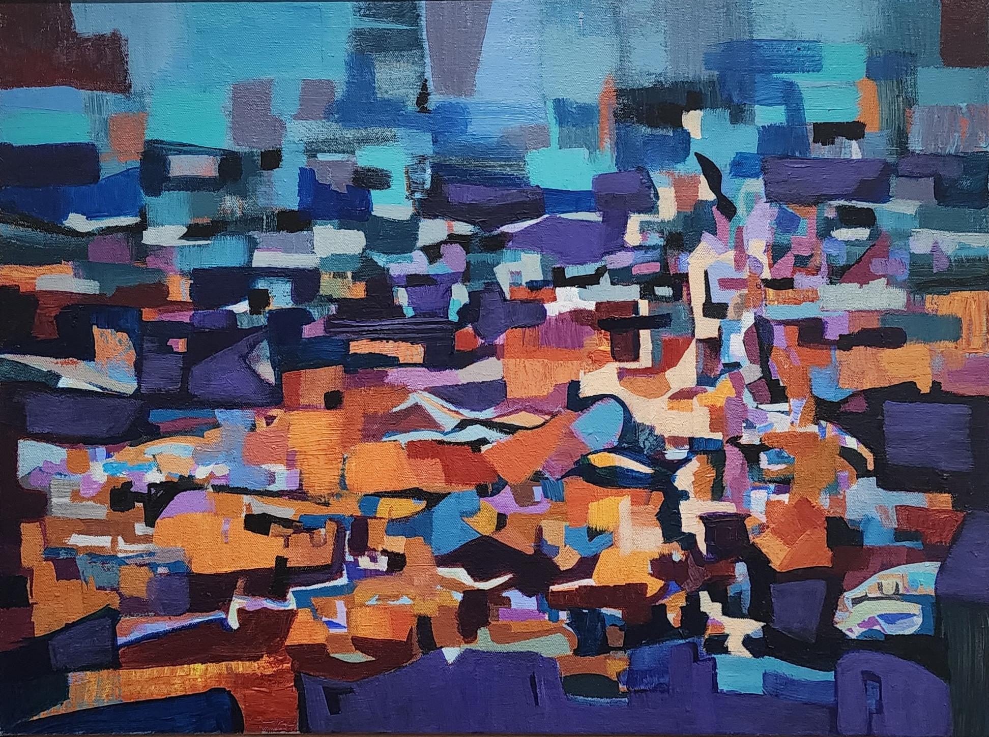 Village Night (Abstract, Acrylic, Gestural Abstraction, Blue, Light Blue, Teal) - Painting by Ted Hinrichs