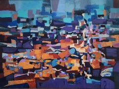Village Night (Abstract, Acrylic, Gestural Abstraction, Blue, Light Blue, Teal)