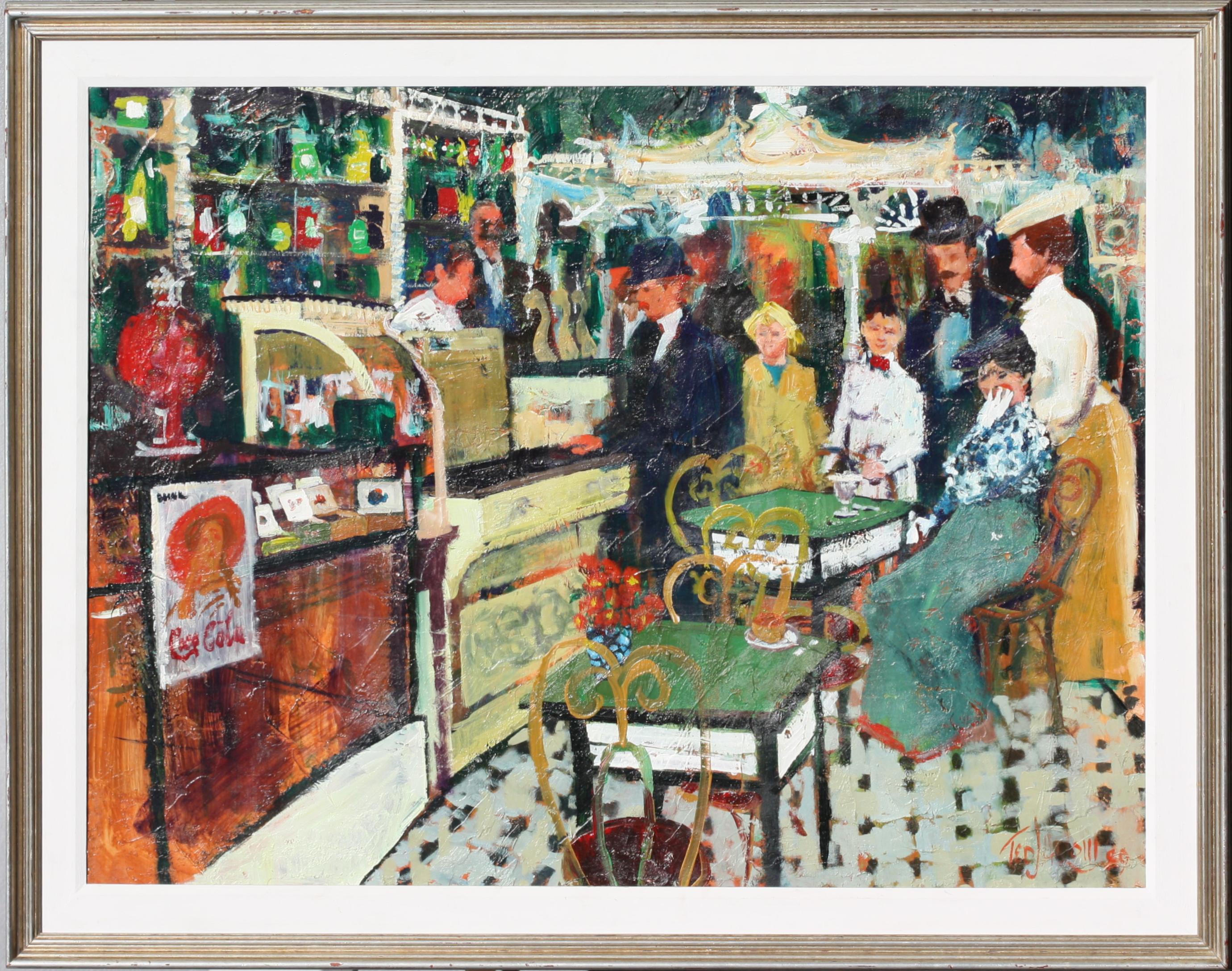 
Ted Jaslow, (American, b. 1934)
A Sundae on Monday, 1989
signed, dated '89, lower right, oil on masonite
30 by 39 in., overall, 36 by 46 in.
Condition Report
Good condition, minor paint loss.
