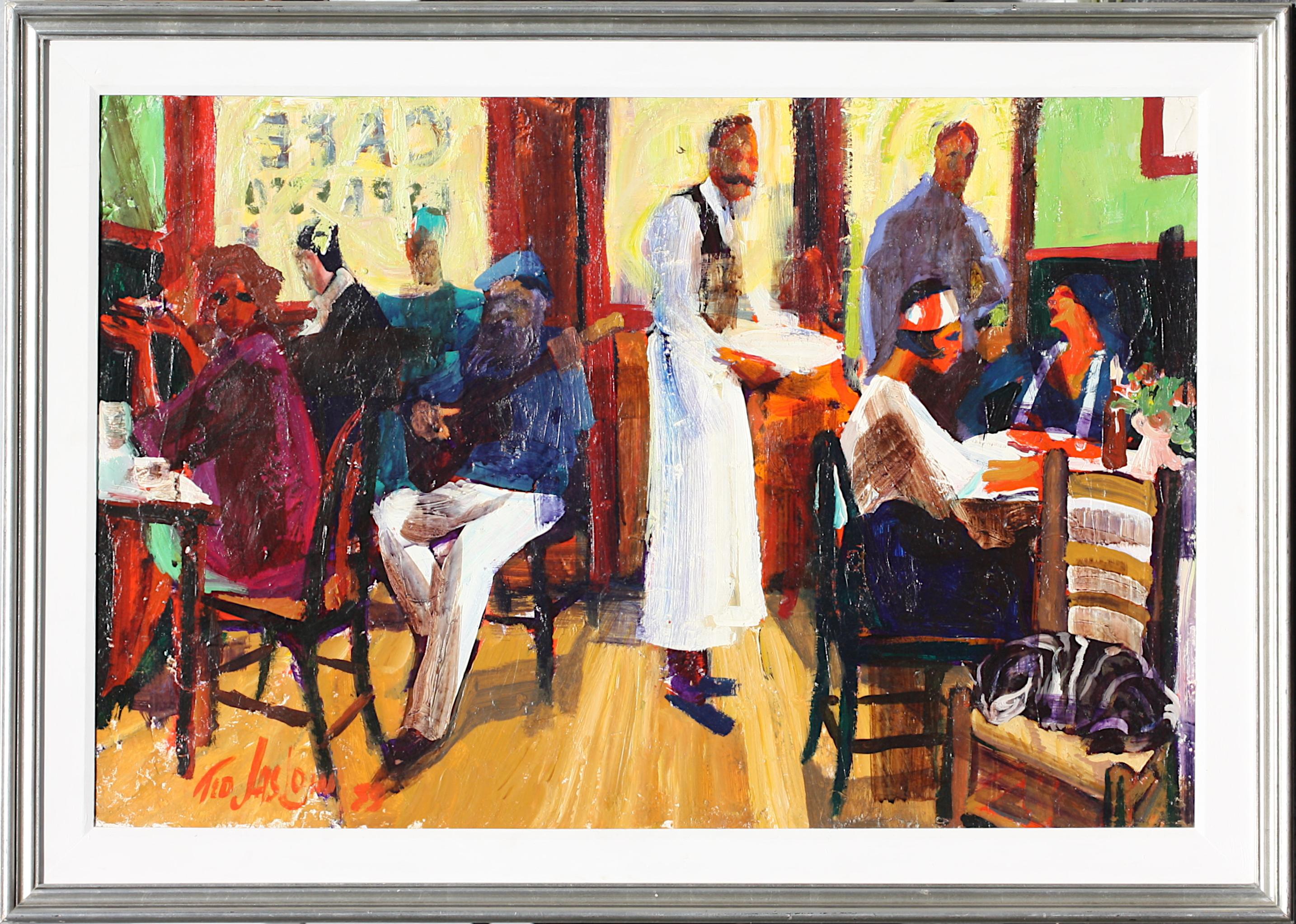 
Ted Jaslow, (Amerikaner, geb. 1934)
Cafe Espresso, 1989
signiert, datiert, 89, Öl auf Masonit
23,5 x 35 Zoll, gesamt, 30 x 41,5 Zoll.
Condition Report
Guter Zustand