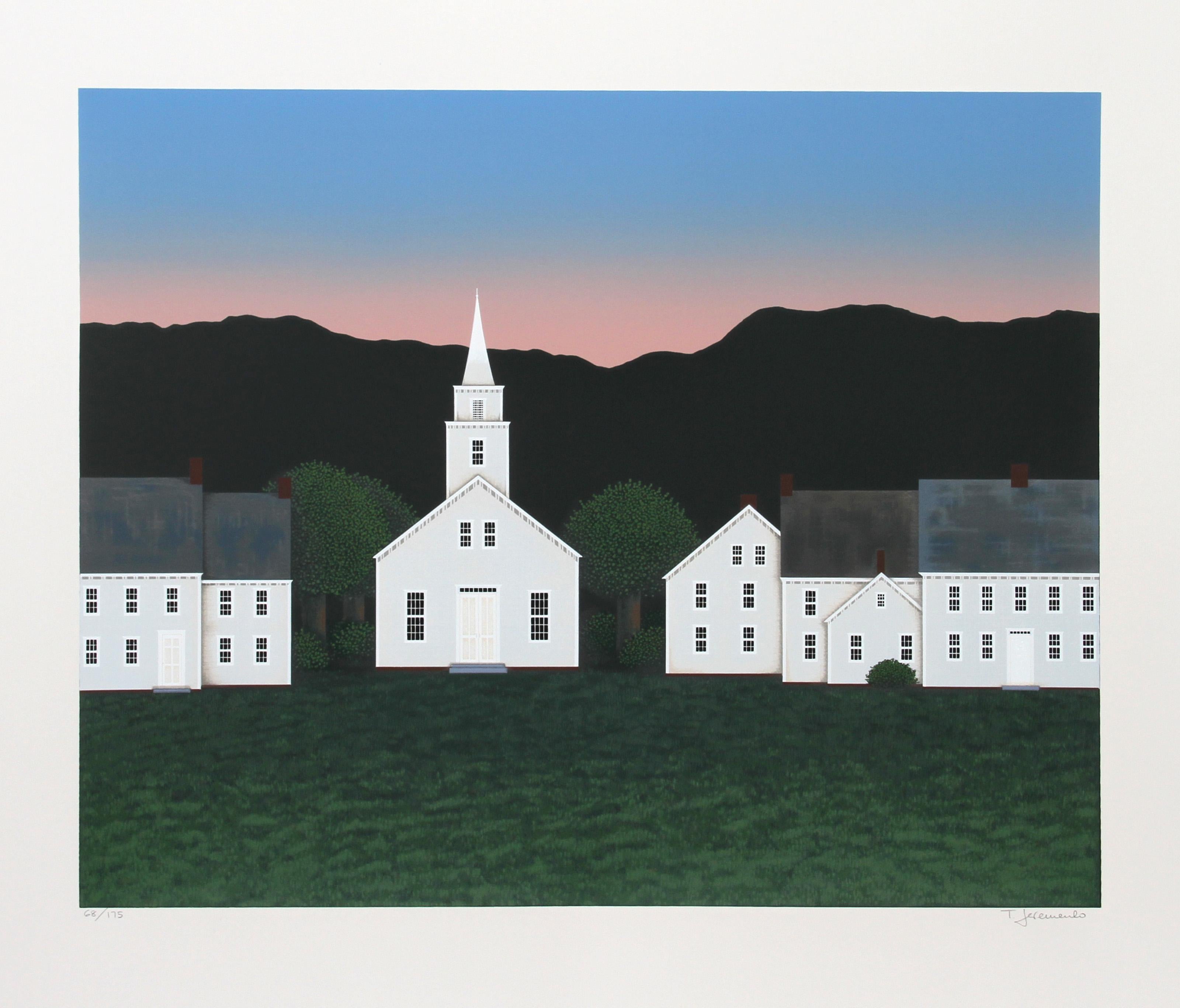 Iglesia al atardecer, serigrafía de arte popular de Ted Jeremenko