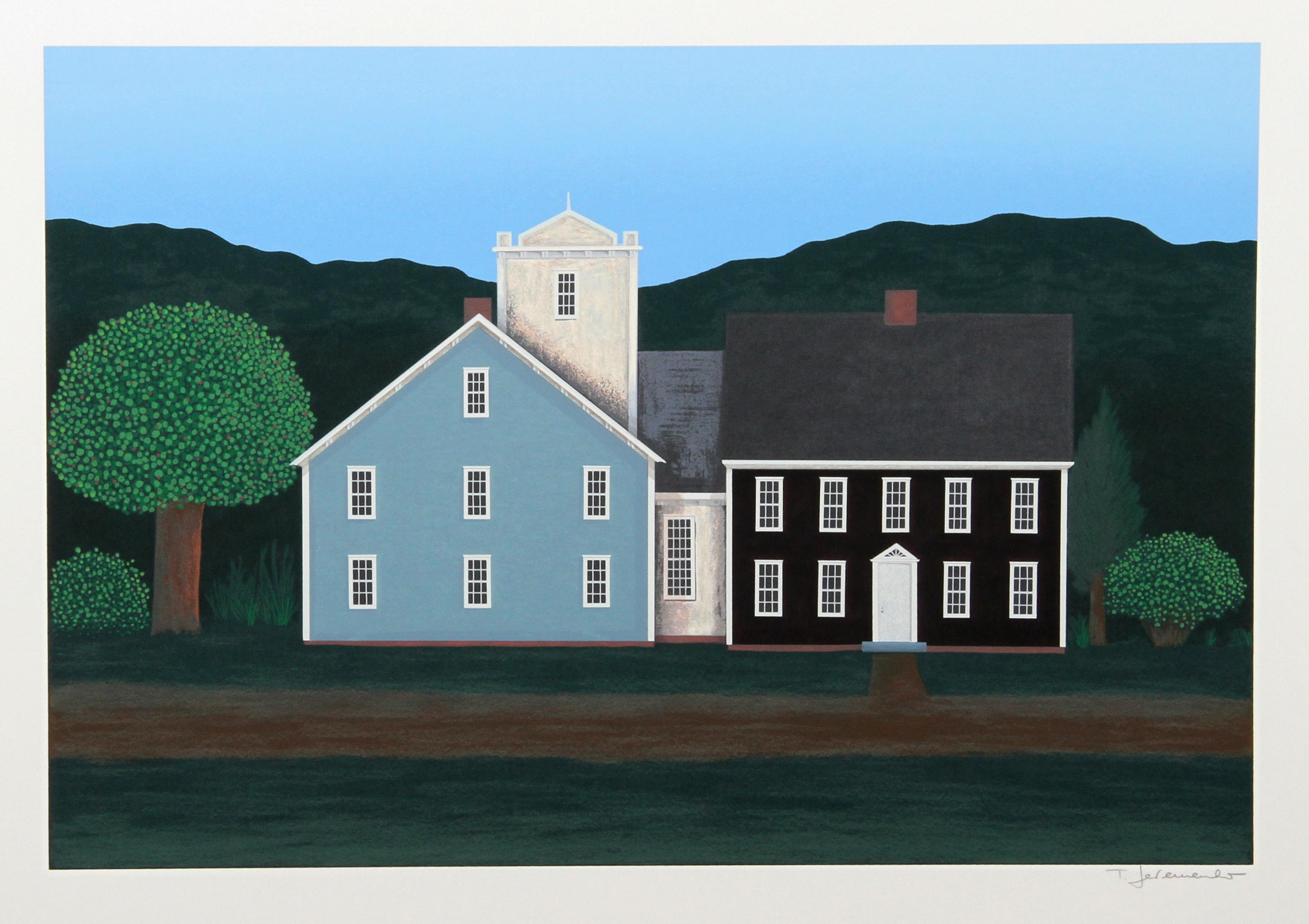Ted Jeremenko, yugoslavo/americano (1938 - ) - Granja 3. Año: hacia 1985, Técnica: Serigrafía, firmado y numerado a lápiz, Edición: 175, Tamaño de la imagen: 49,53 x 63,5 cm (13 x 19 pulgadas), Descripción: Situada bajo una colina elevada, la