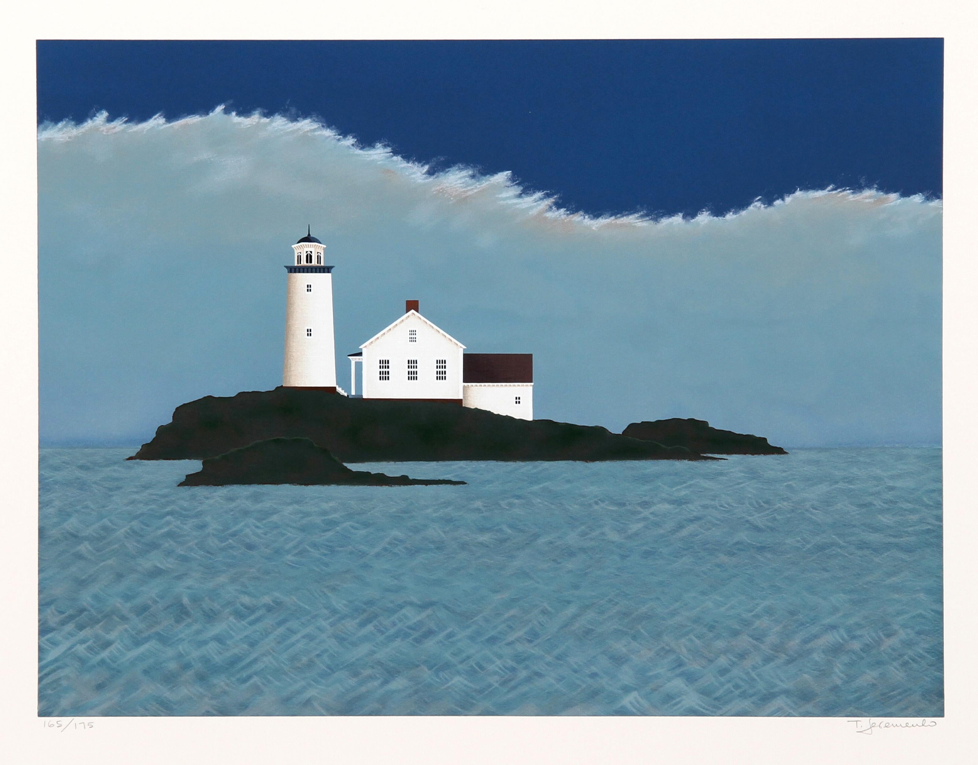 Ted Jeremenko, Yugoslavian/American (1938 - ) - Island Lighthouse. Medium: Silkscreen on Arches, signed and numbered in pencil, Edition: 175, Image Size: 15 x 20 inches, Size: 22 in. x 26 in. (55.88 cm x 66.04 cm), Description: Rising out of the