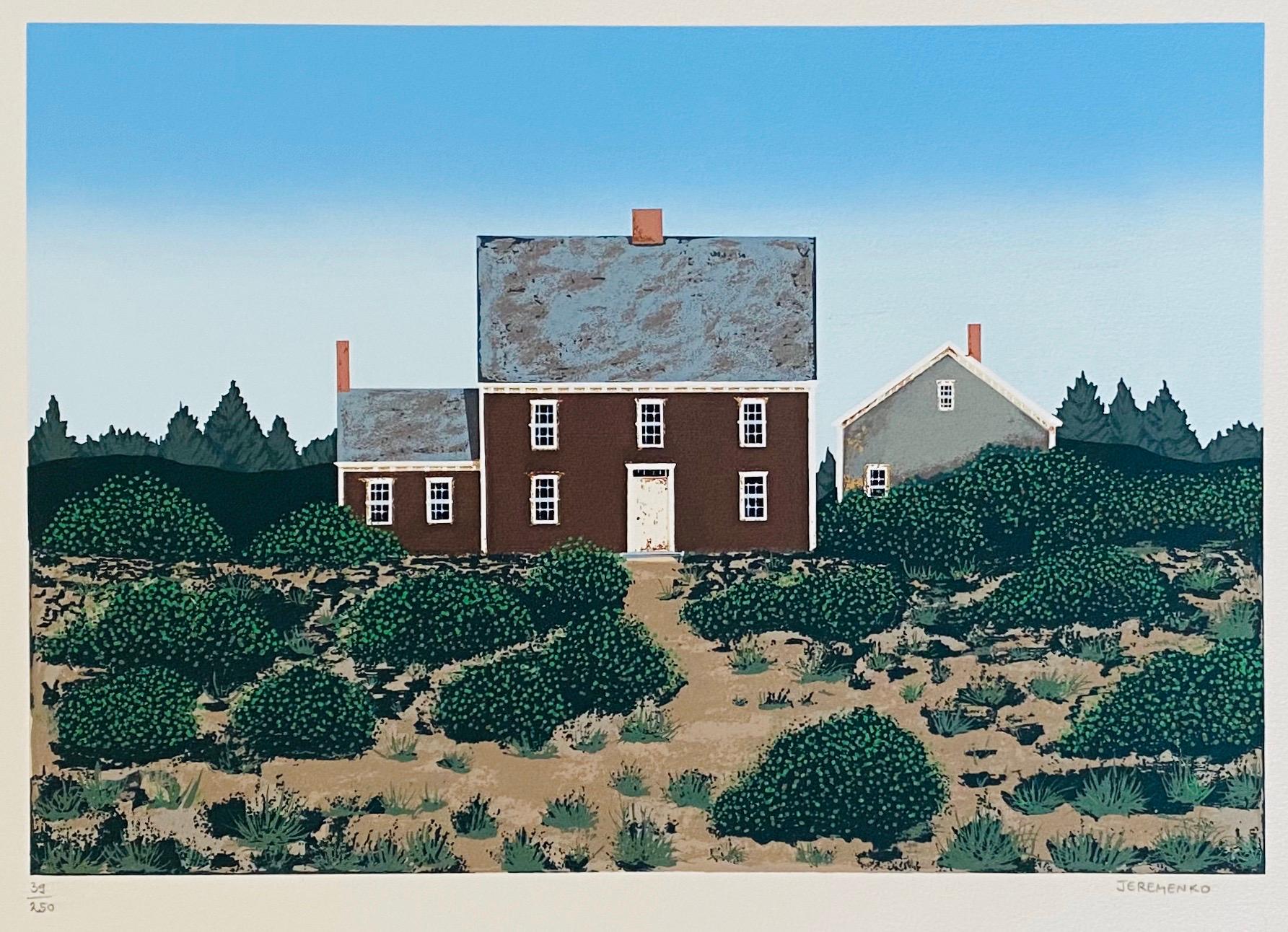 Grande sérigraphie en sérigraphie d'une maison dans des dunes, Americana Folk Art - Print de Ted Jeremenko