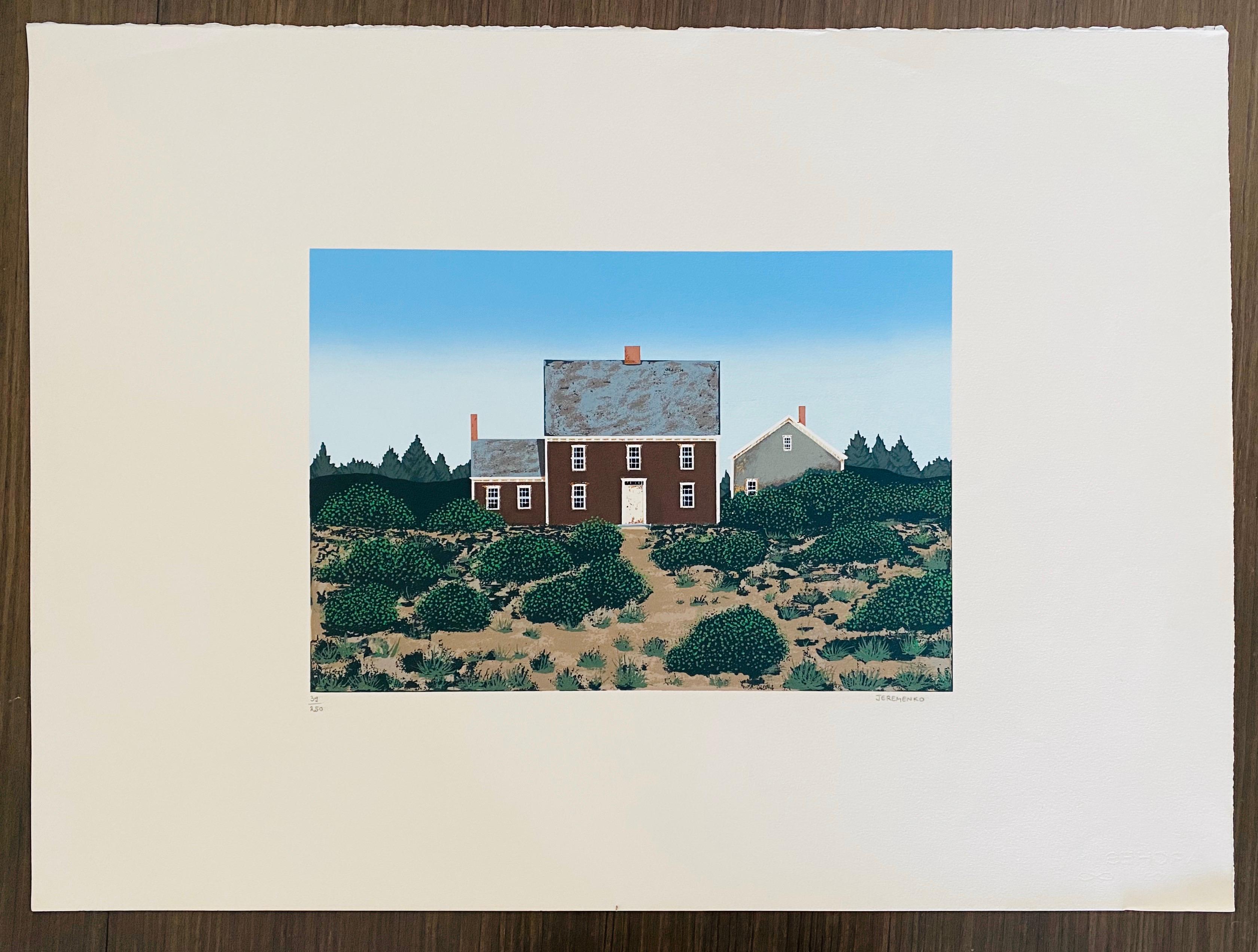 Large Silkscreen Serigraph of A House in Dunes, Americana Folk Art For Sale 1