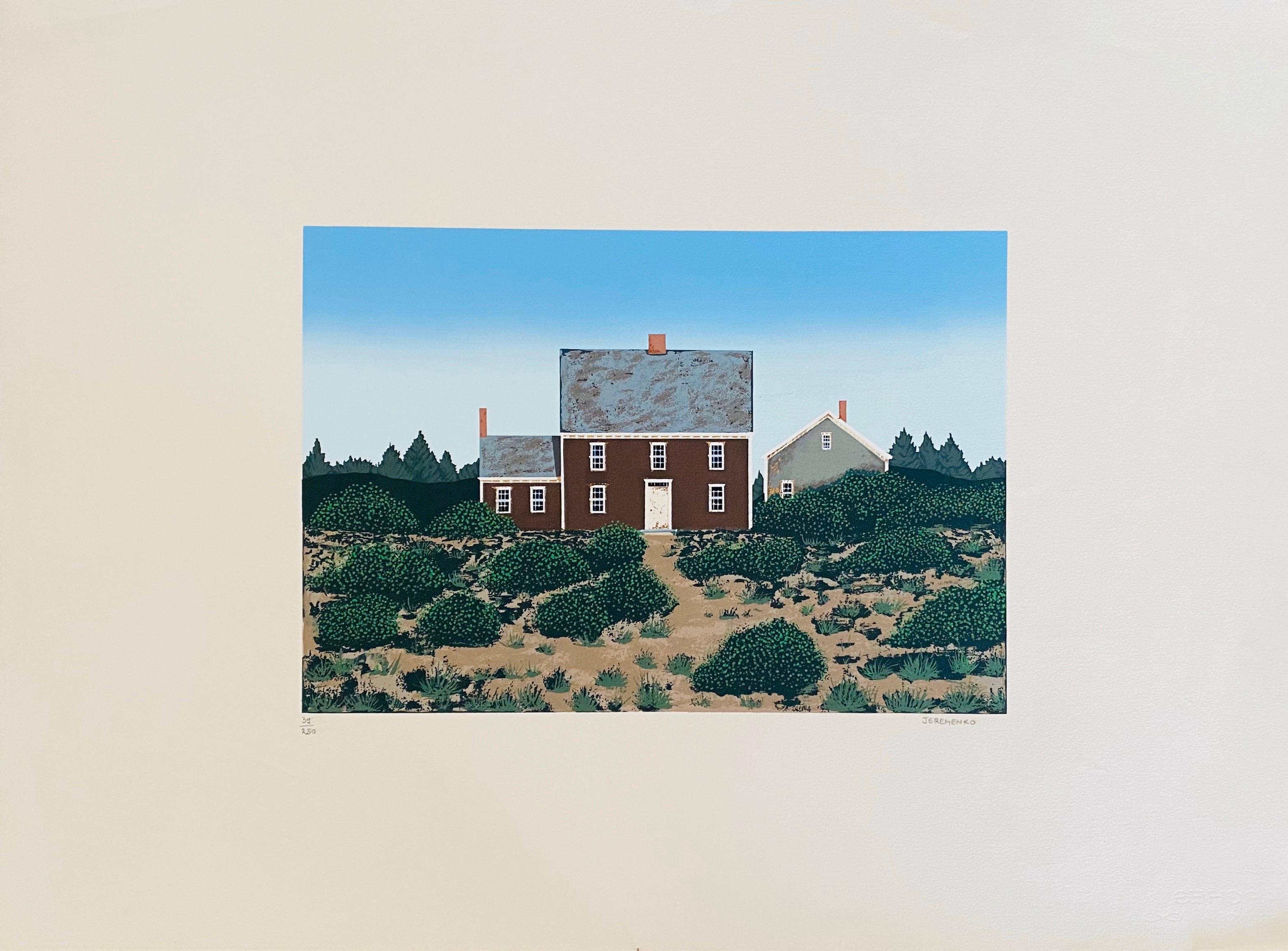 Landscape Print Ted Jeremenko - Grande sérigraphie en sérigraphie d'une maison dans des dunes, Americana Folk Art