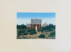 Grande sérigraphie en sérigraphie d'une maison dans des dunes, Americana Folk Art