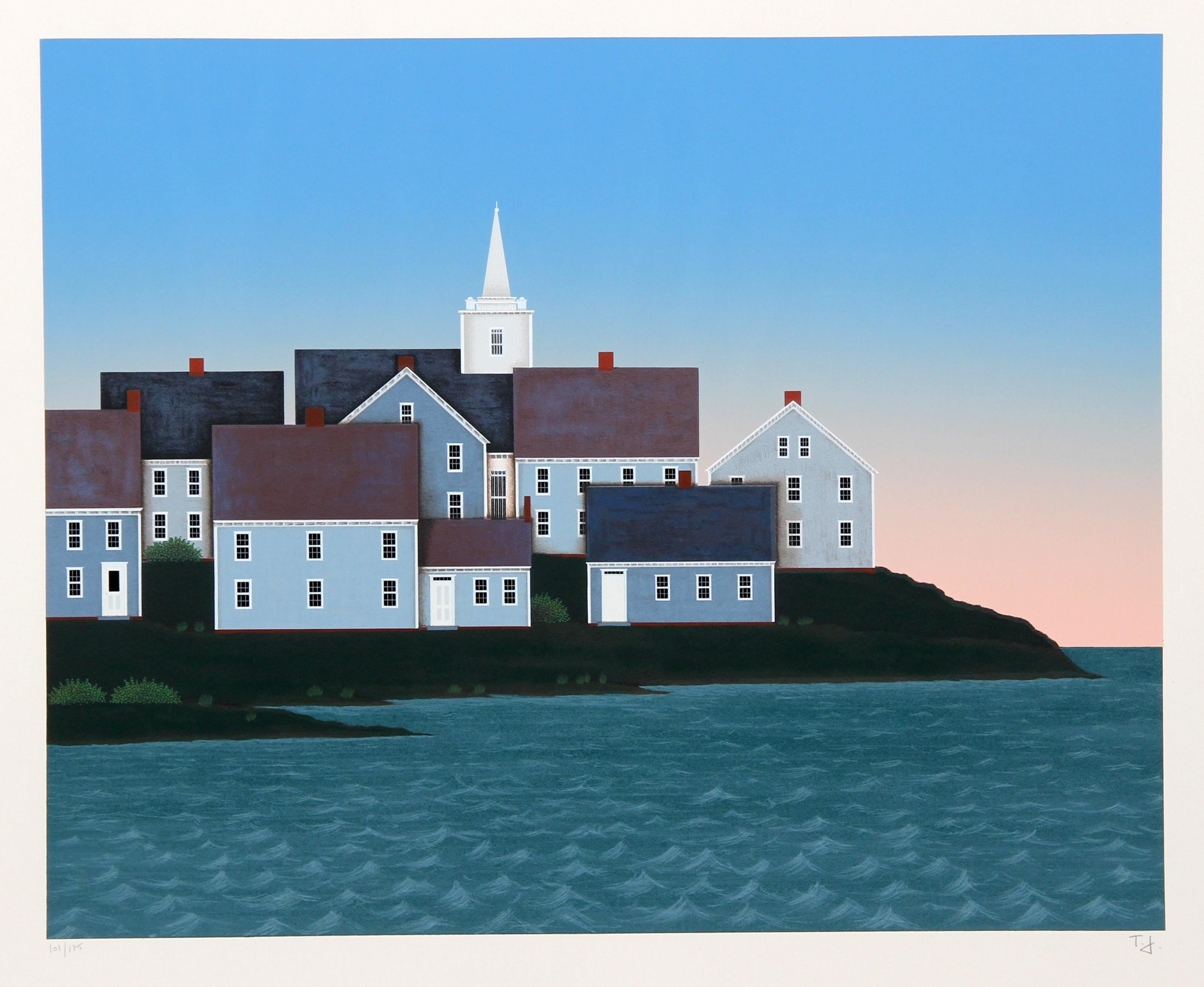 Ted Jeremenko, yugoslavo/americano (1938 - ) - Waterside Town II. Año: hacia 1985, Técnica: Serigrafía sobre Arches, firmado y numerado a lápiz, Edición: 175, Tamaño de la imagen: 20,5 x 25 pulgadas, Tamaño: 27,5 x 31 pulgadas (69,85 x 78,74 cm),