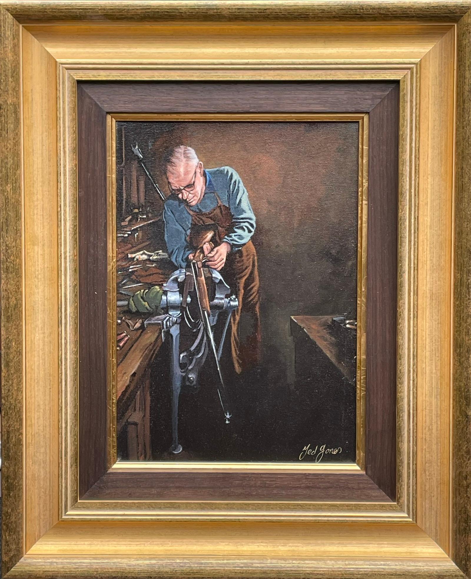 This Painting The Gunsmith by Ted Jones (Irish 1952-2017) is a wonderful oil on canvas. Ted Jones is famous for his depictions of everyday life and he really captures a moment in time here with a rare depiction of a Gunsmith. This painting is