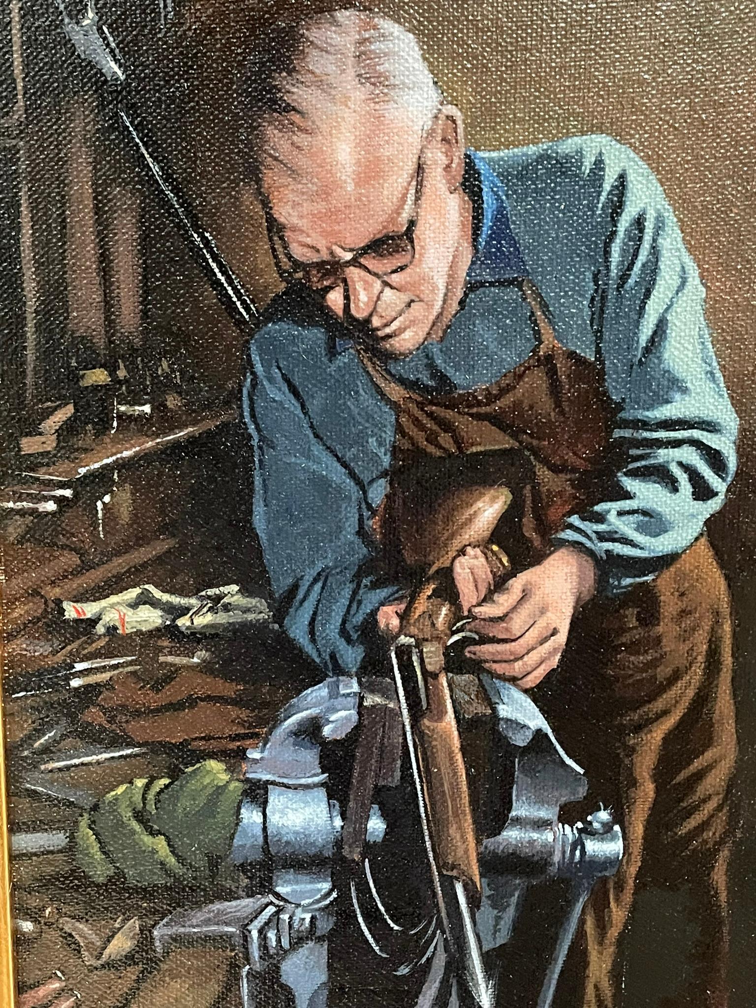 Modern Ted Jones Dublin Ireland Irish Oil Painting Canvas Irishman The Gunsmith 1985 For Sale